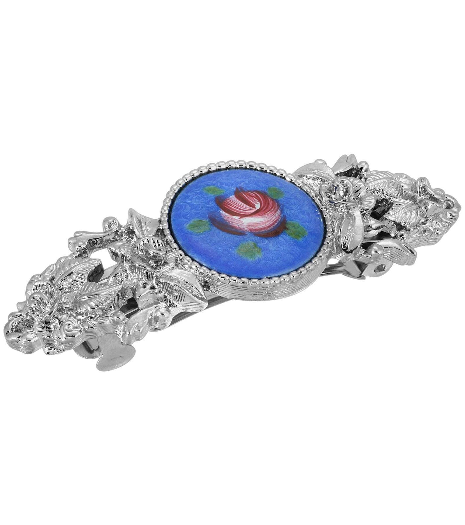 1928 Jewelry Round Blue Color And Pink Flower Decal Hair Barrette