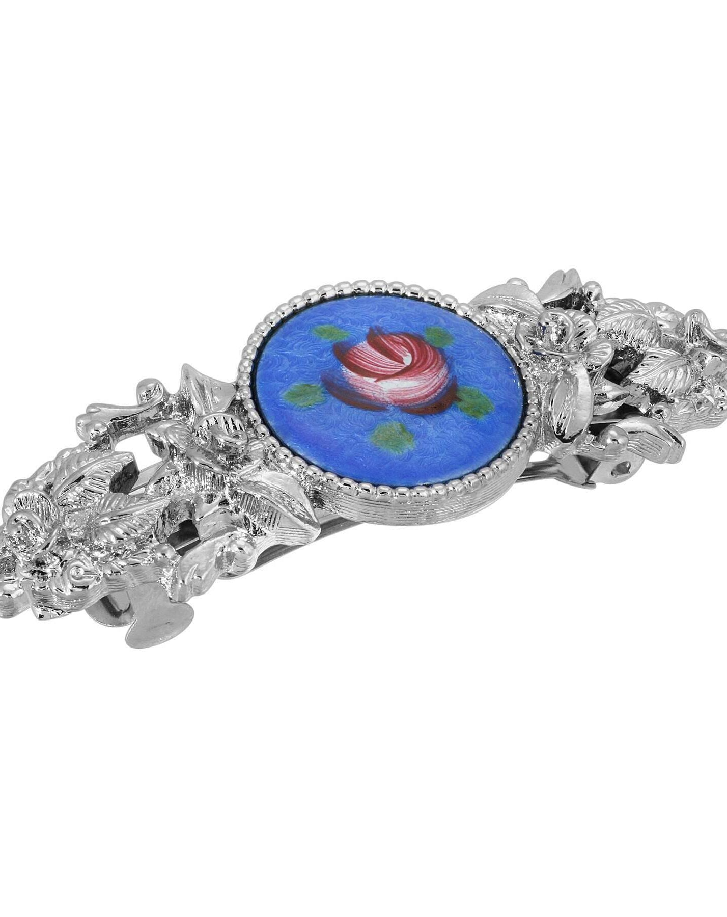 1928 Jewelry Round Blue Color And Pink Flower Decal Hair Barrette