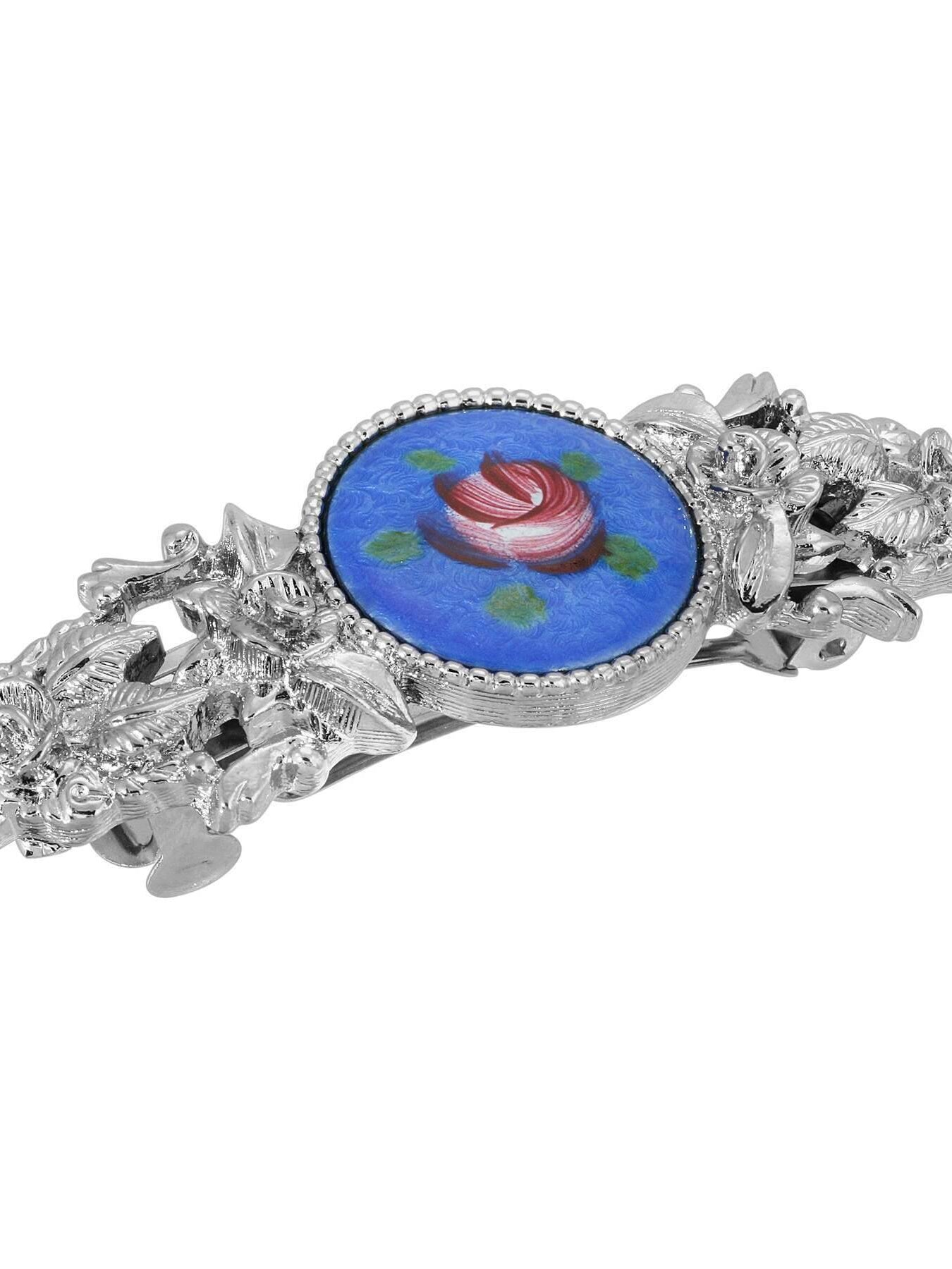 1928 Jewelry Round Blue Color And Pink Flower Decal Hair Barrette