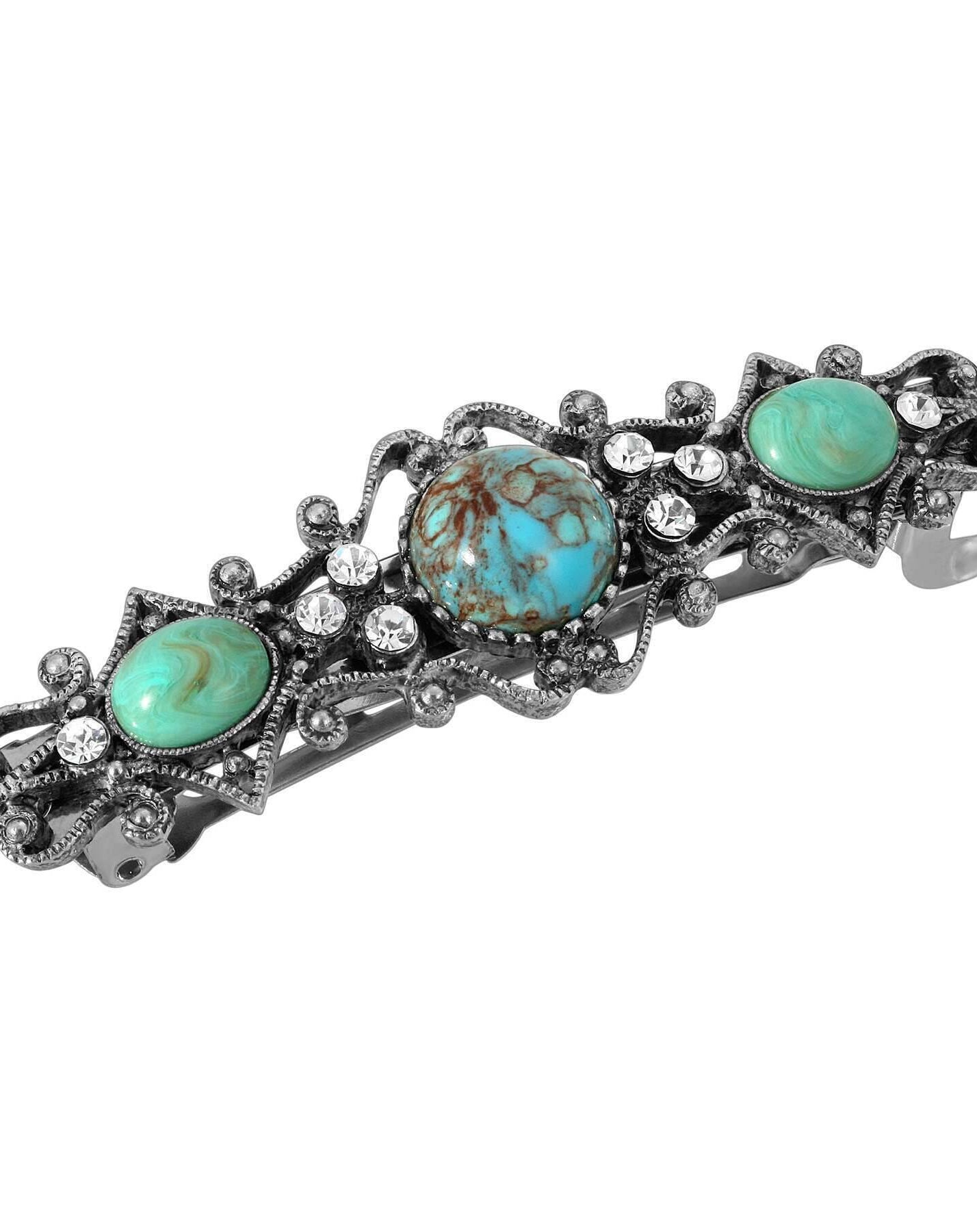 1928 Jewelry Turquoise Color Stones Crystal Hair Barrette
