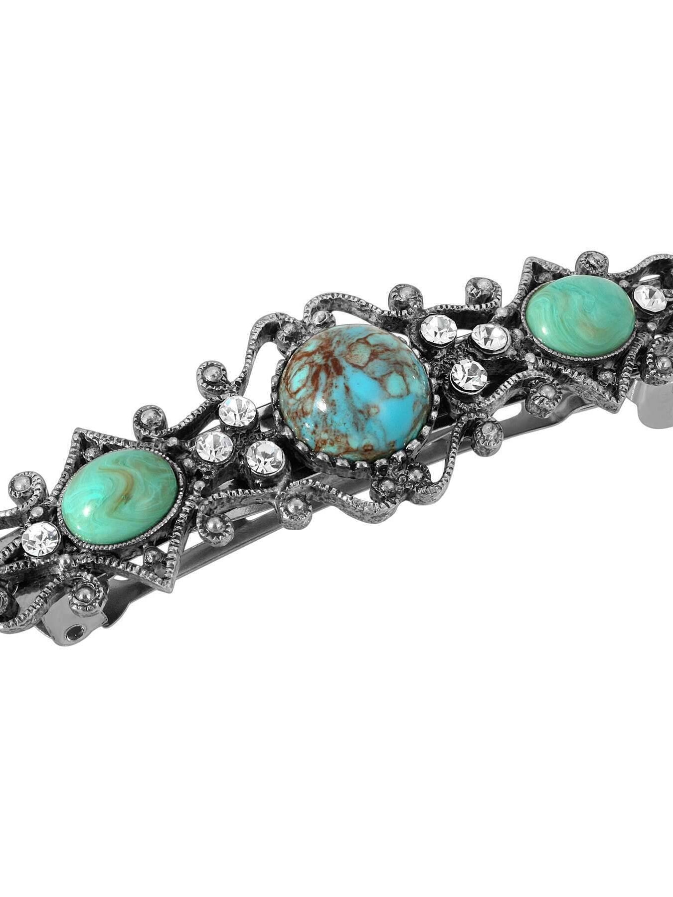 1928 Jewelry Turquoise Color Stones Crystal Hair Barrette