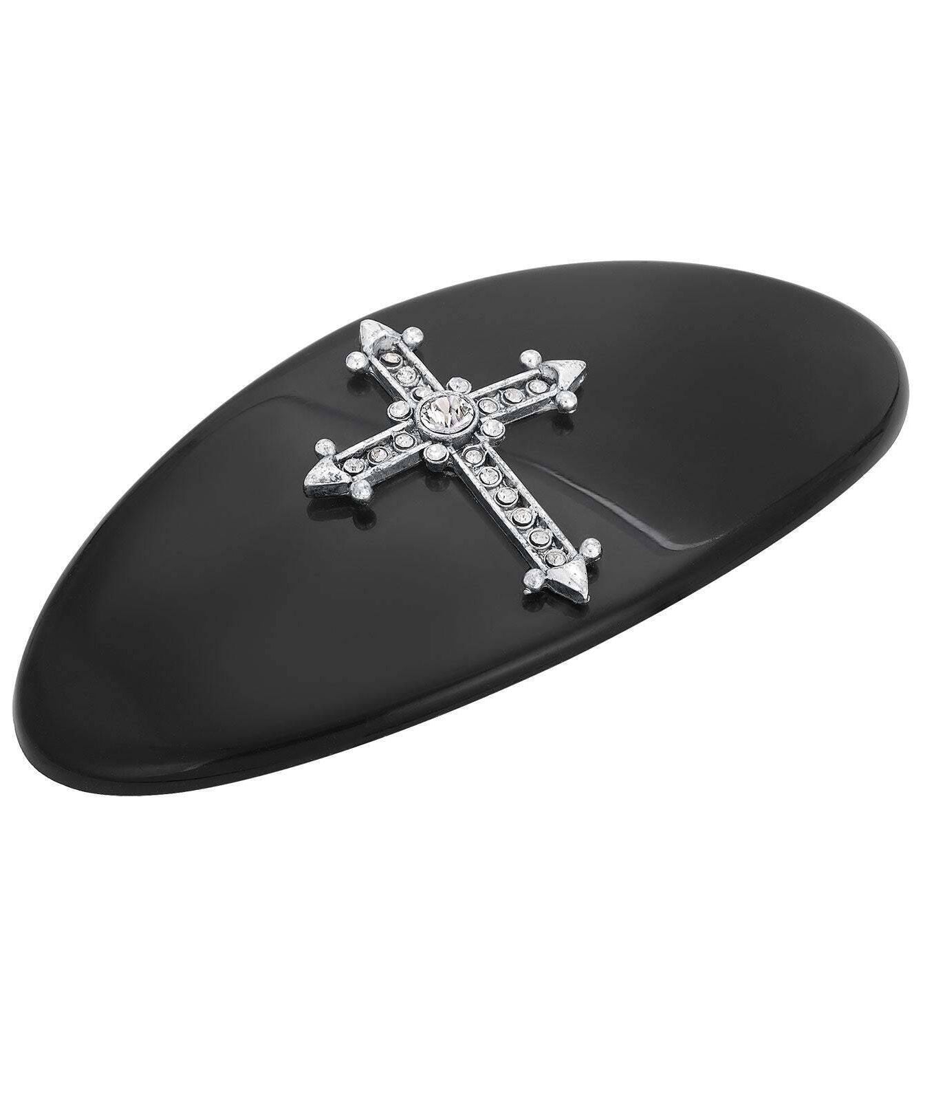 Symbols of Faith Oval Jet Black Pewter Crystal Cross Hair Barrette