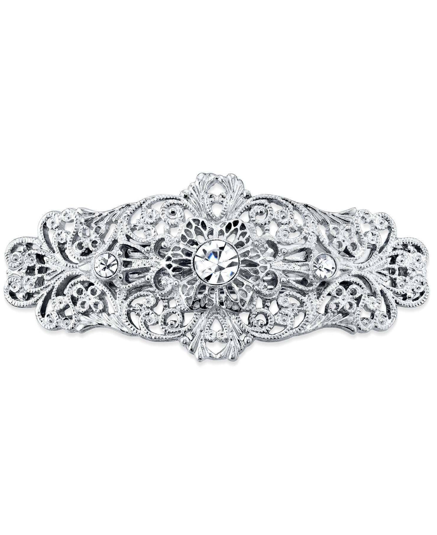 1928 Bridal Opulent Filigree Round Crystal Bar Hair Barrette