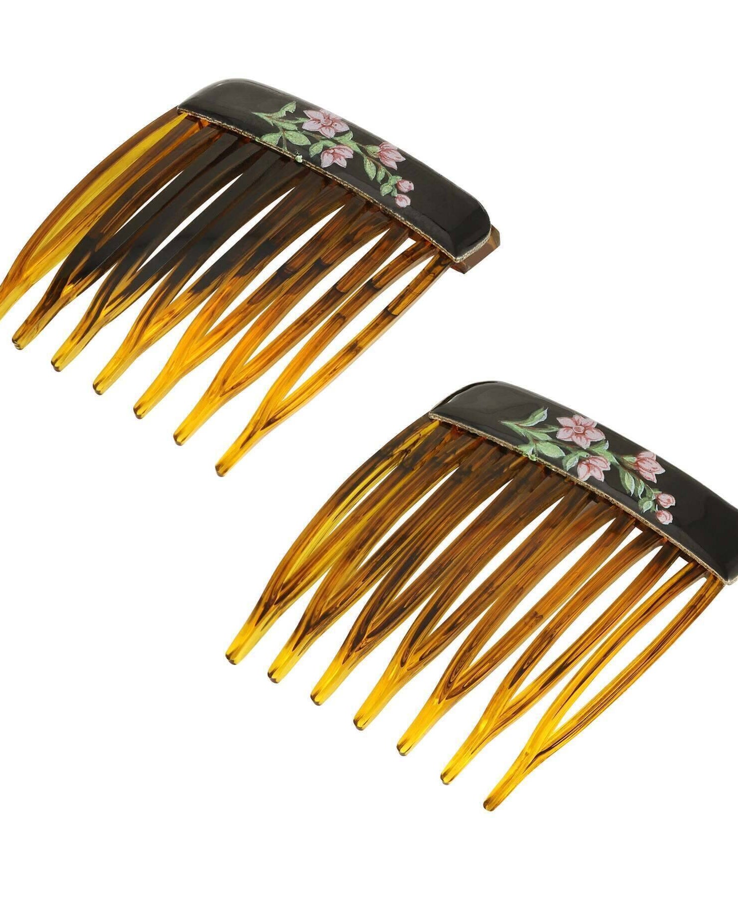 1928 Jewelry Brown Tortoise Floral Decal Hair Comb Set