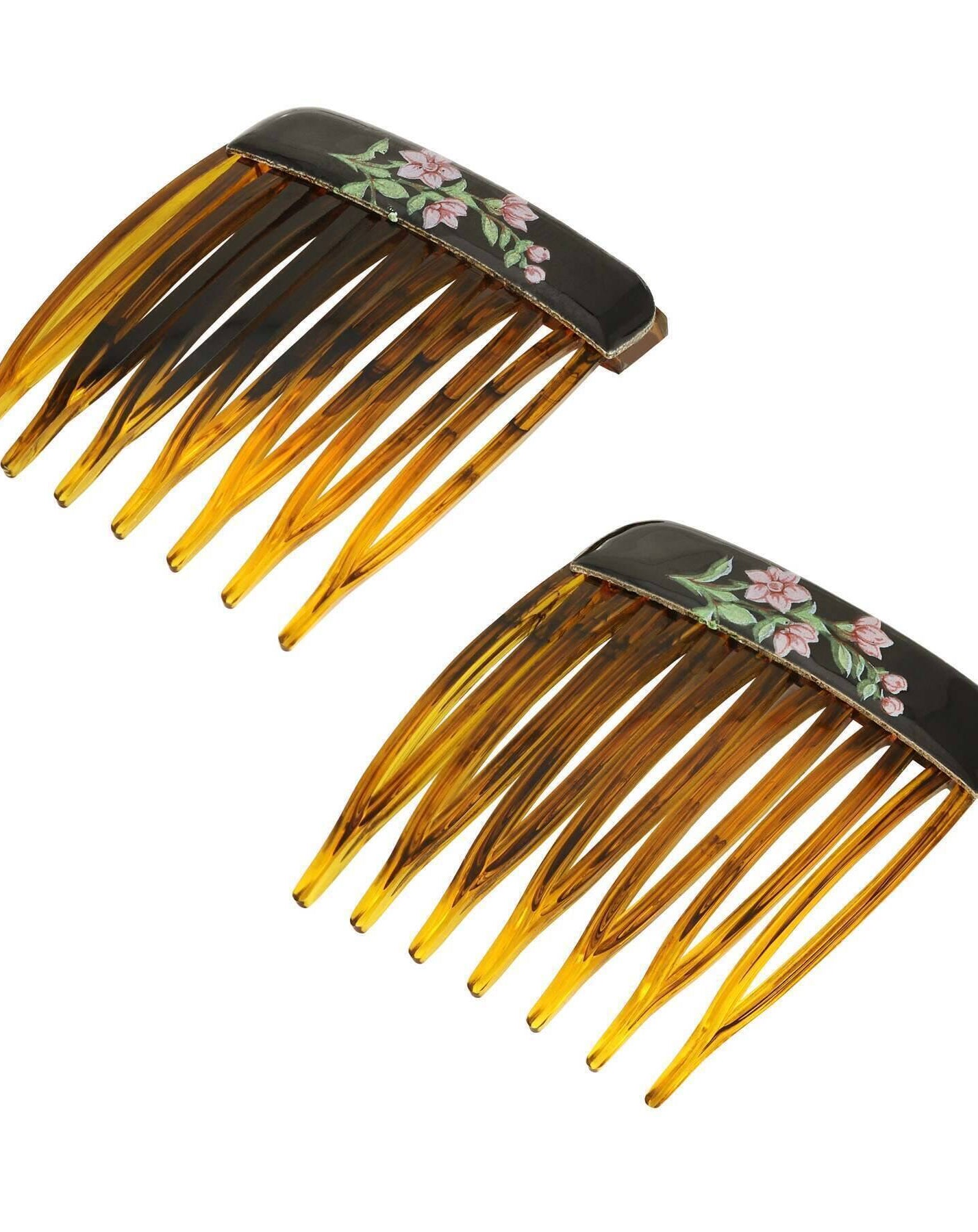 1928 Jewelry Brown Tortoise Floral Decal Hair Comb Set