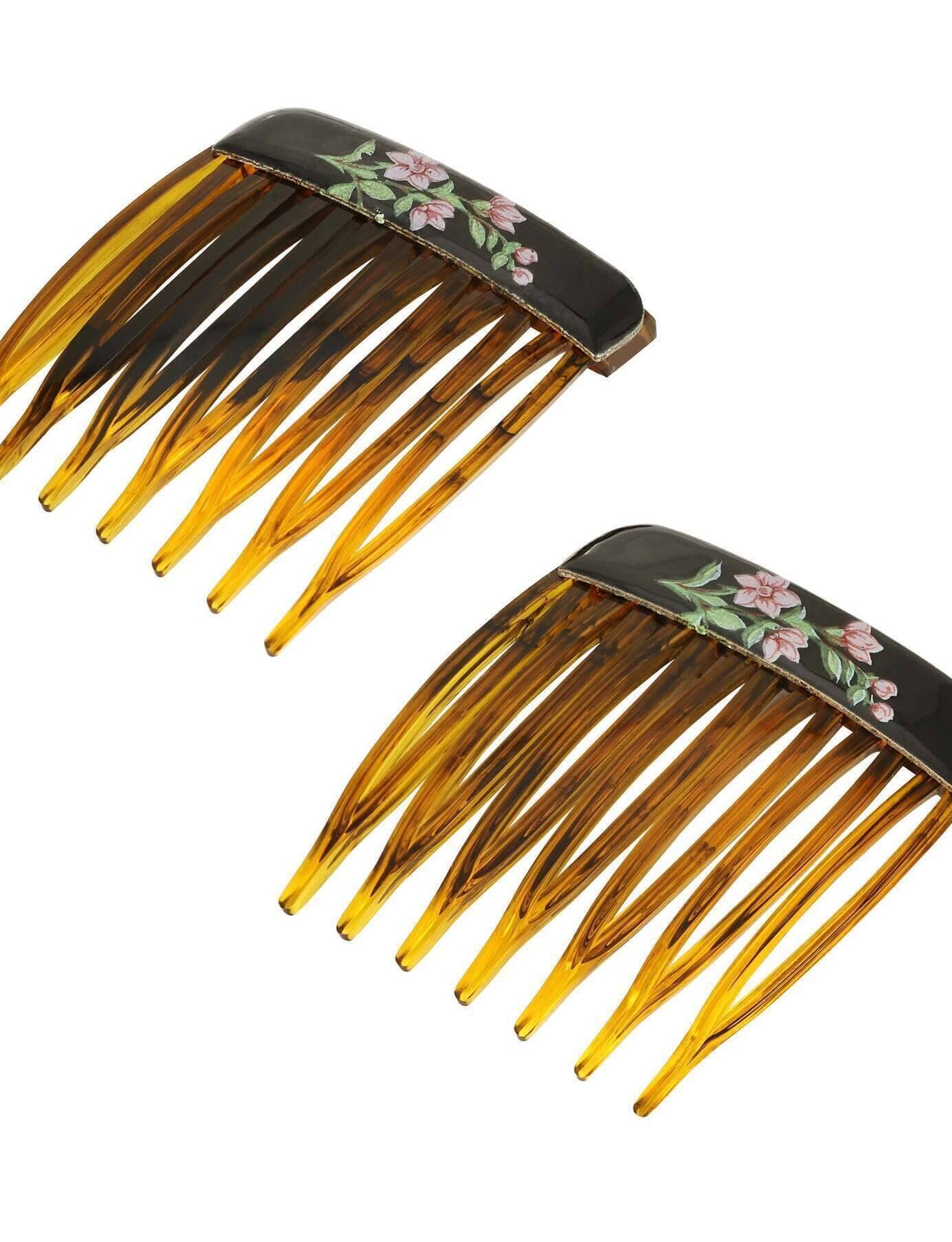 1928 Jewelry Brown Tortoise Floral Decal Hair Comb Set