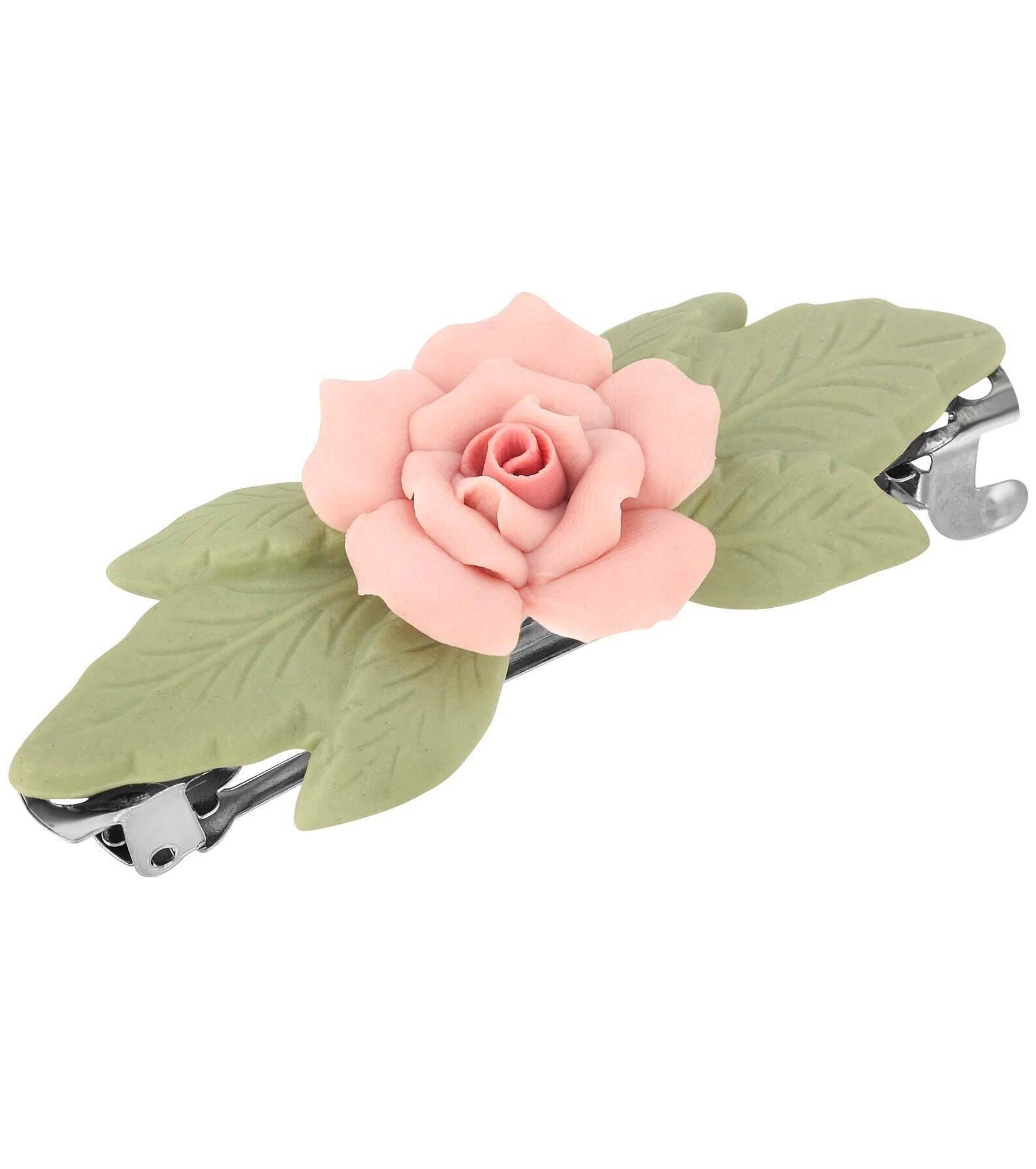 1928 Jewelry Genuine Porcelain Rose And Green Leaf French Hair Barrette