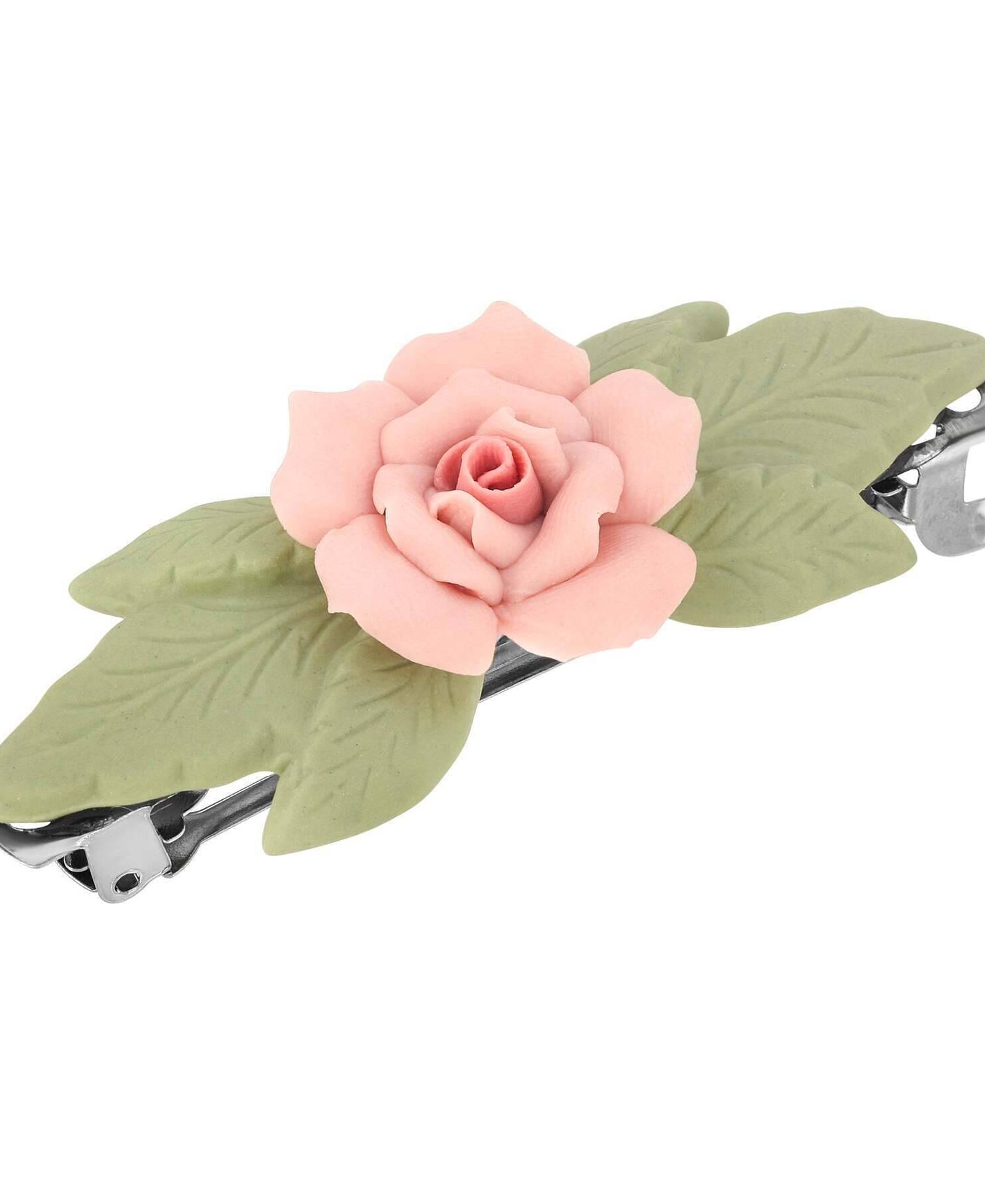 1928 Jewelry Genuine Porcelain Rose And Green Leaf French Hair Barrette