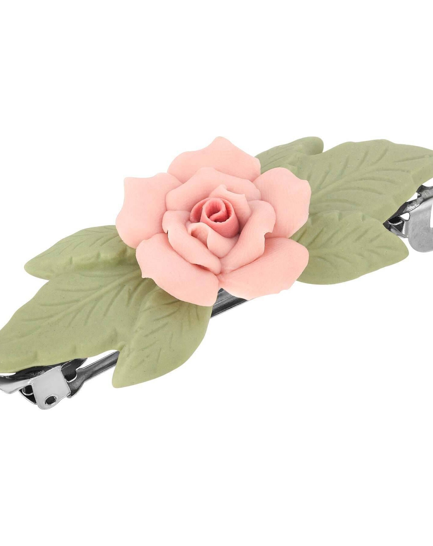 1928 Jewelry Genuine Porcelain Rose And Green Leaf French Hair Barrette