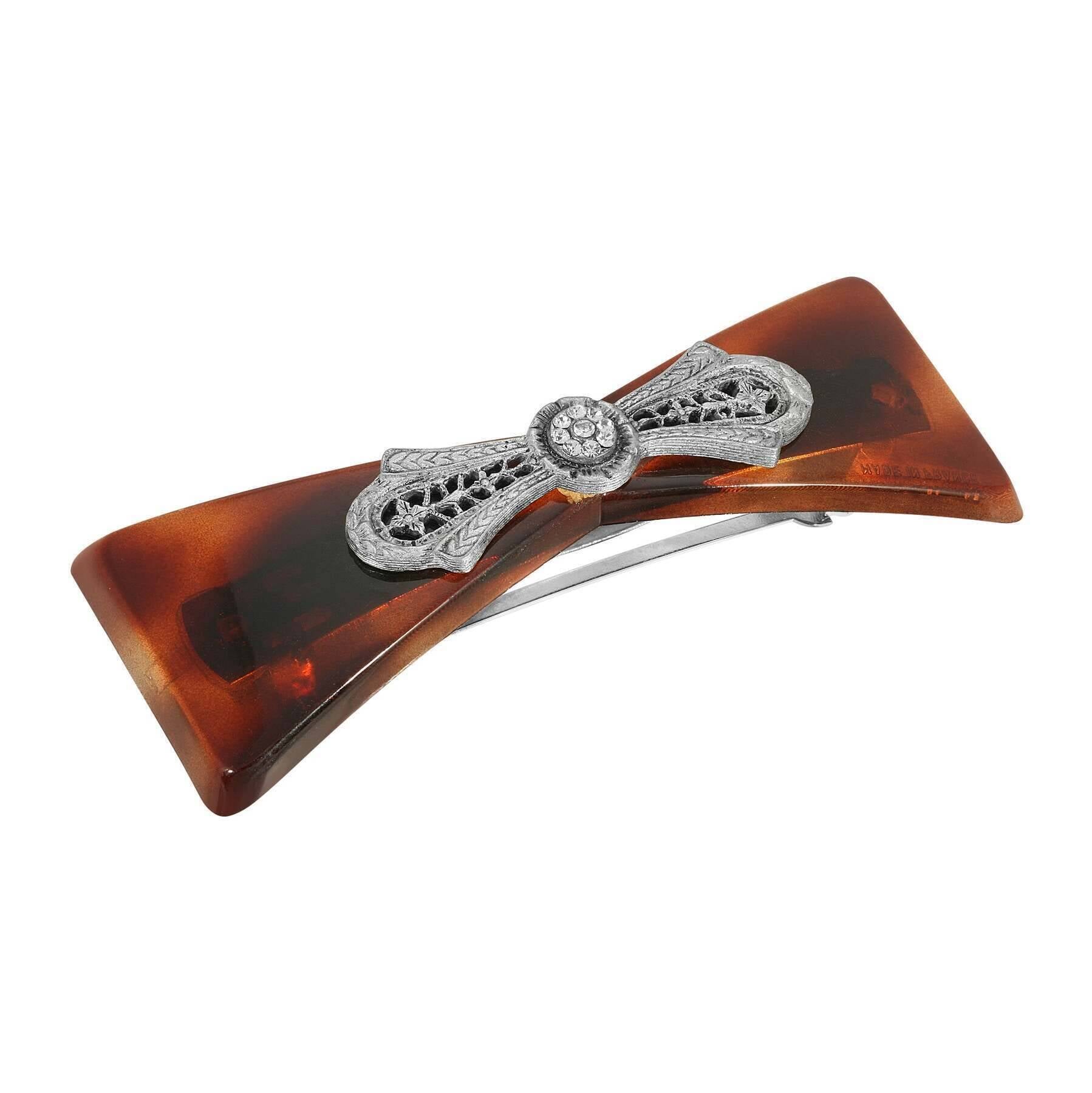 1928 Jewelry Brown Tortoise Filigree And Crystal Accent Hair Barrette