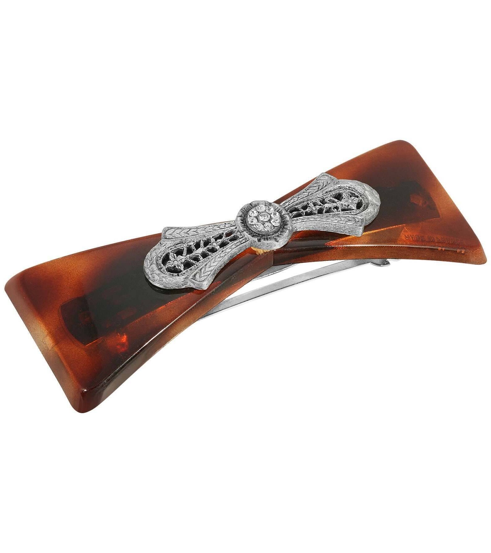 1928 Jewelry Brown Tortoise Filigree And Crystal Accent Hair Barrette