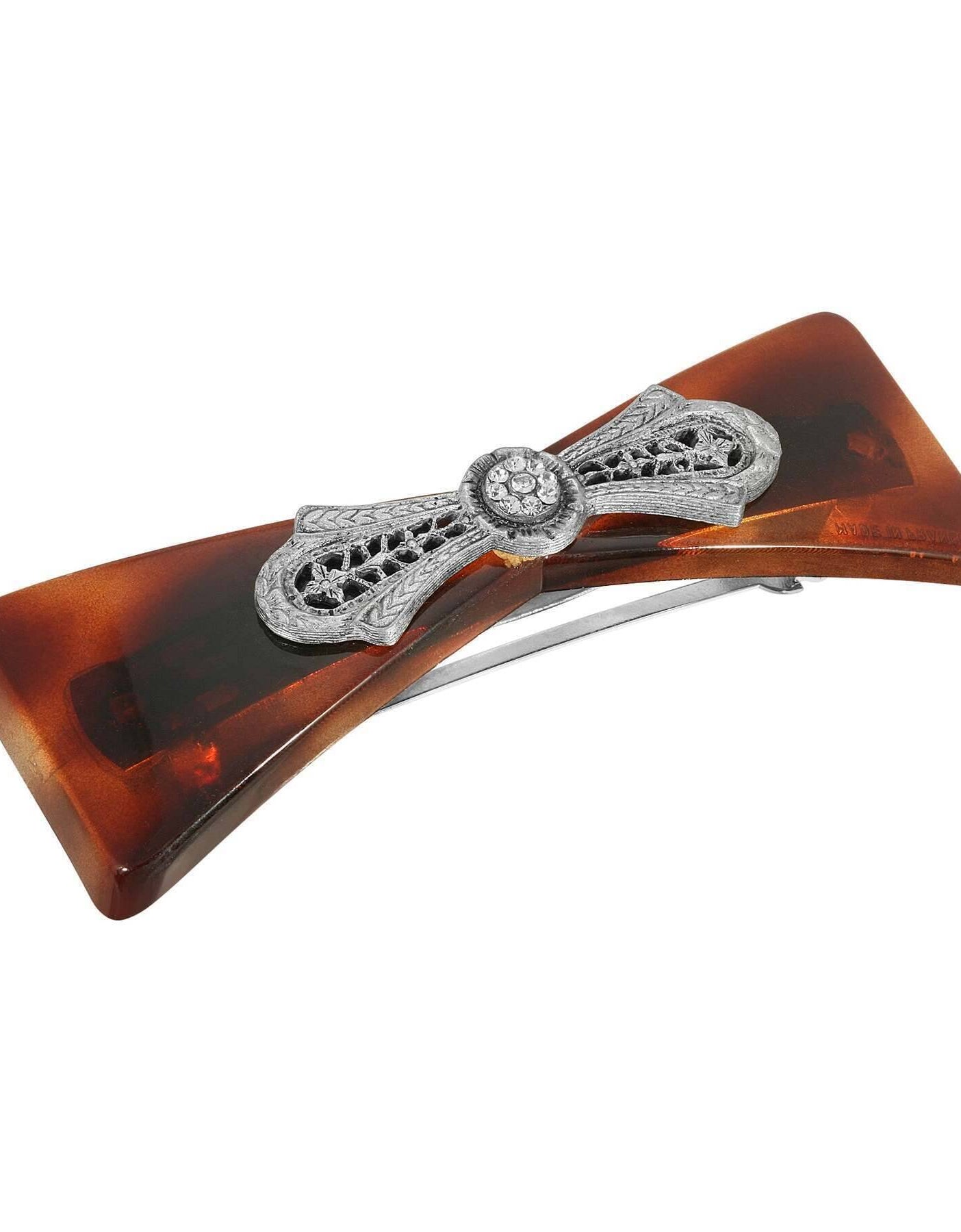 1928 Jewelry Brown Tortoise Filigree And Crystal Accent Hair Barrette