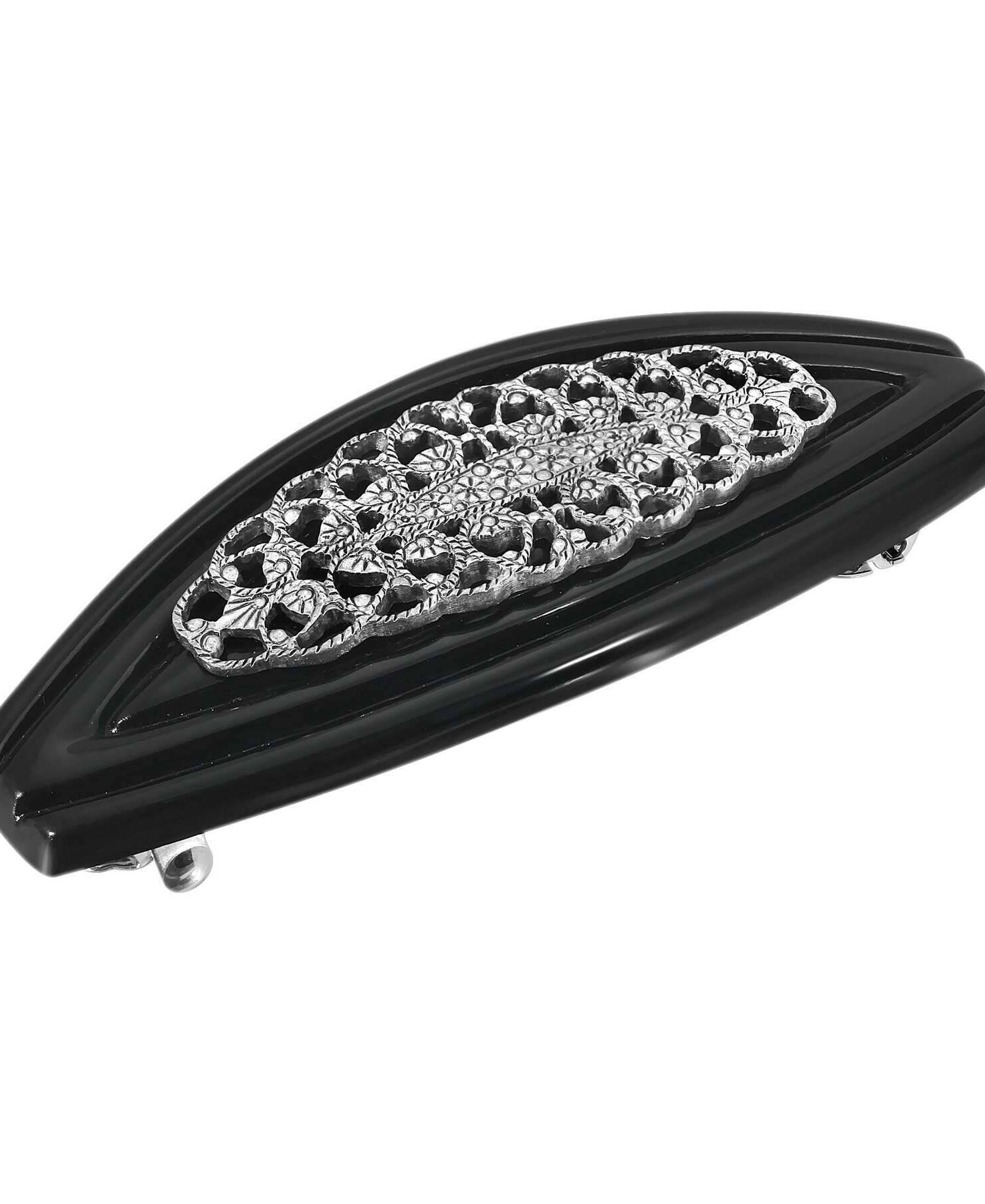 1928 Jewelry Silver Filigree Black Hair Barrette