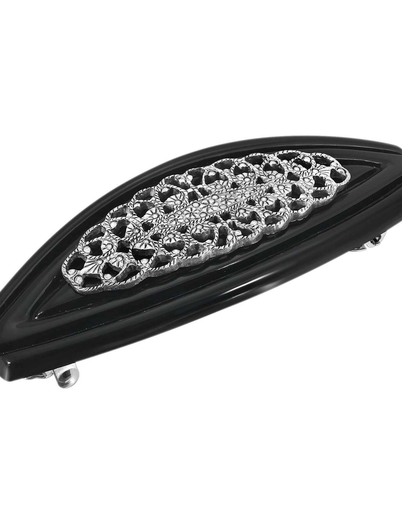 1928 Jewelry Silver Filigree Black Hair Barrette