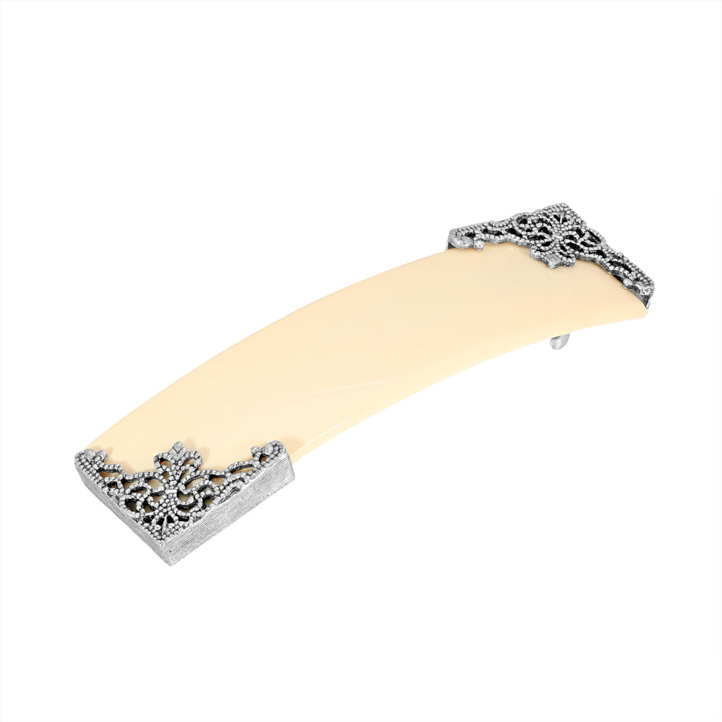 Ivory Vintage Style Silver Tone Filigree Accent Bar Barrette