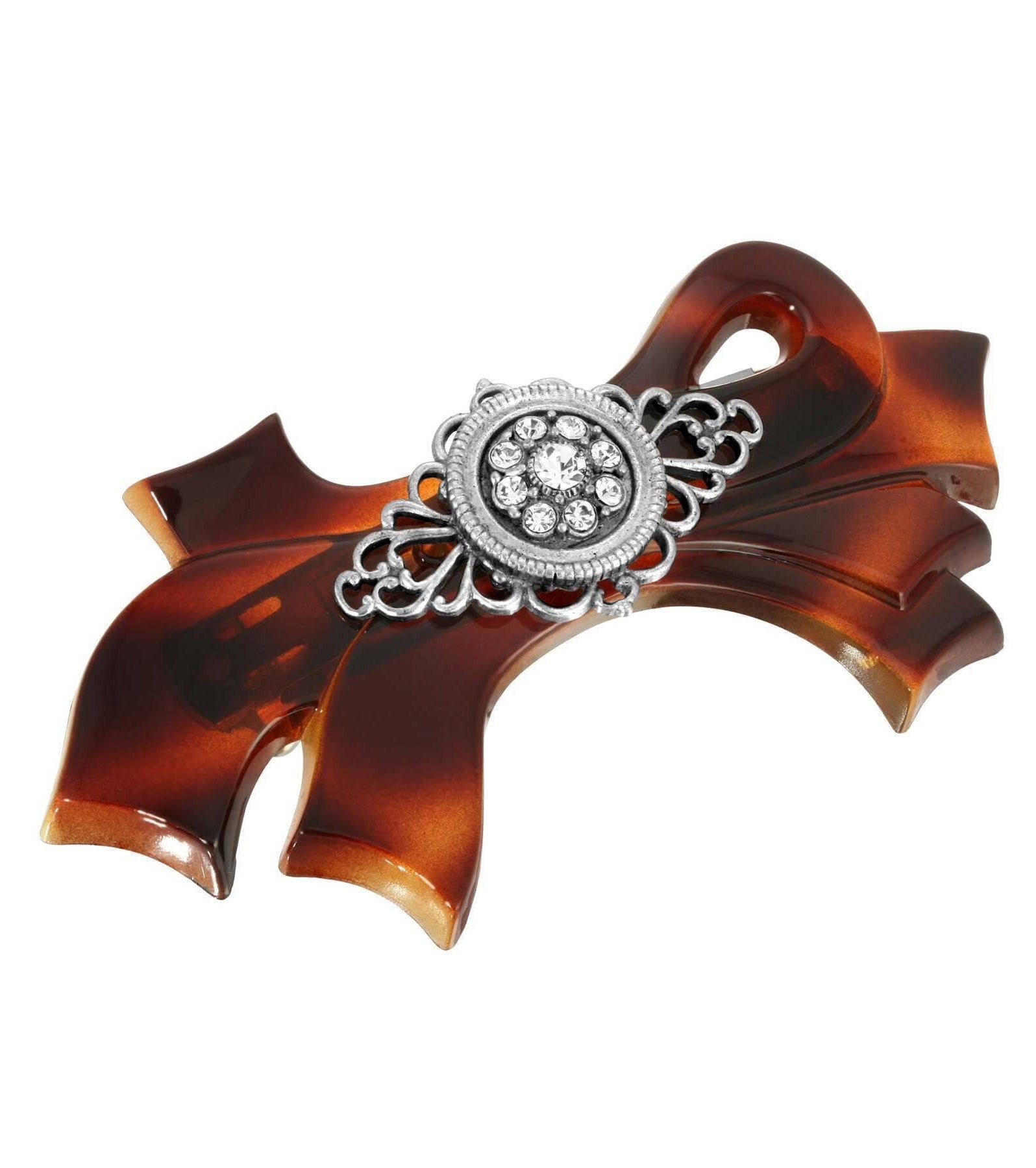 1928 Jewelry Brown Tortoise With Filigree And Crystal Accent Bow Hair Barrette