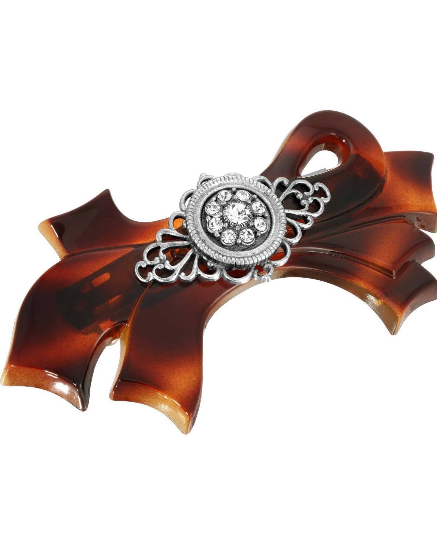 1928 Jewelry Brown Tortoise With Filigree And Crystal Accent Bow Hair Barrette