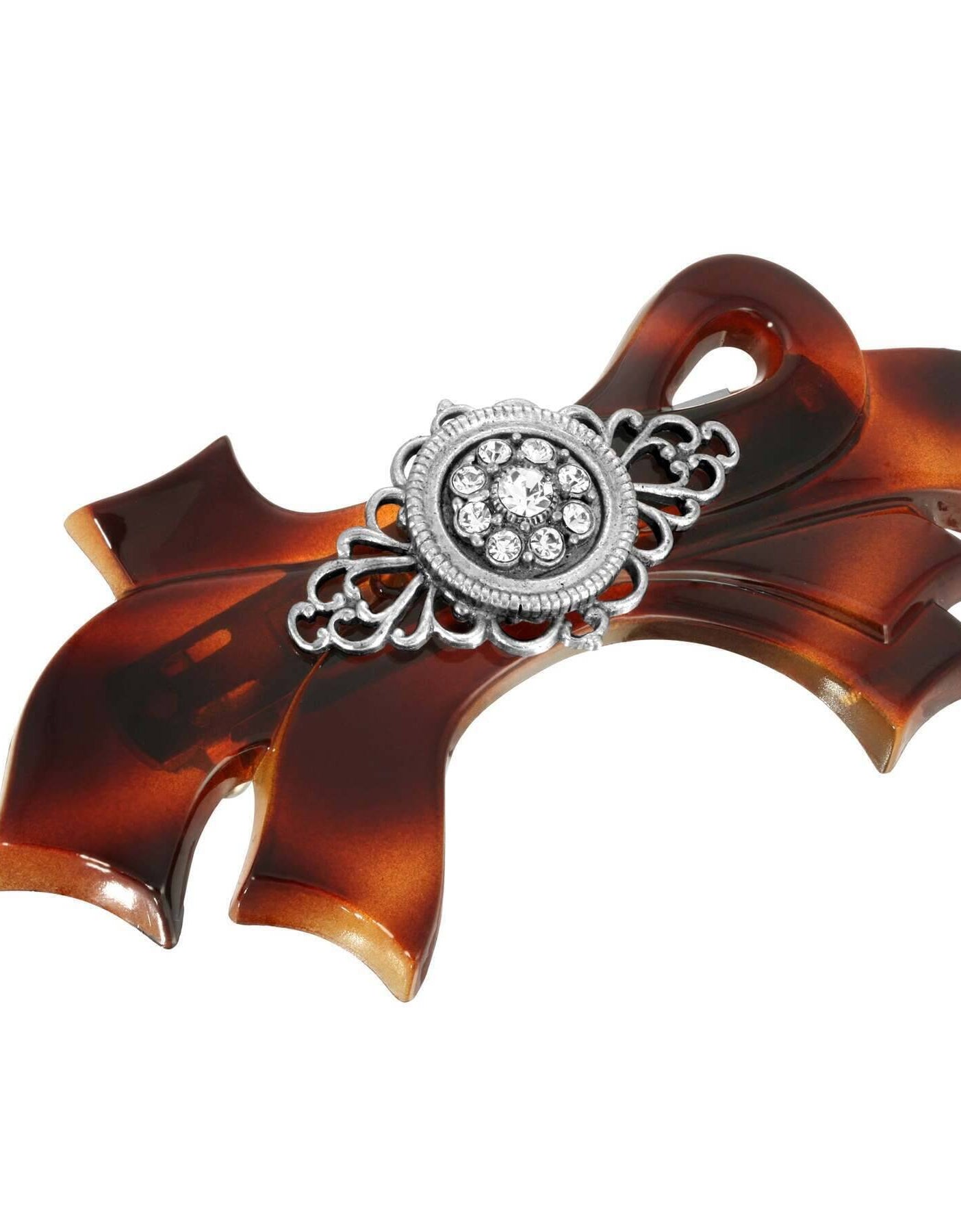 1928 Jewelry Brown Tortoise With Filigree And Crystal Accent Bow Hair Barrette