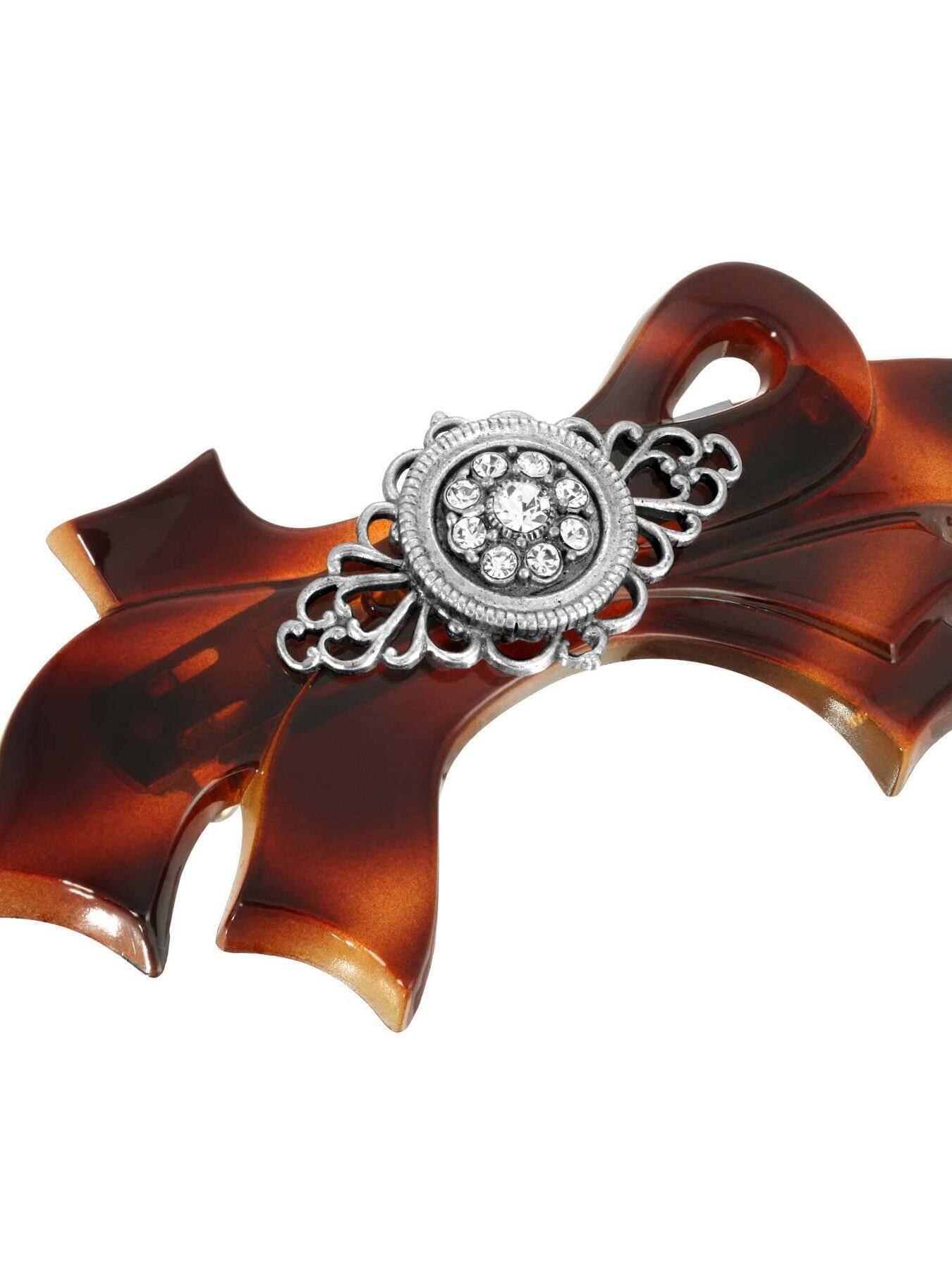 1928 Jewelry Brown Tortoise With Filigree And Crystal Accent Bow Hair Barrette