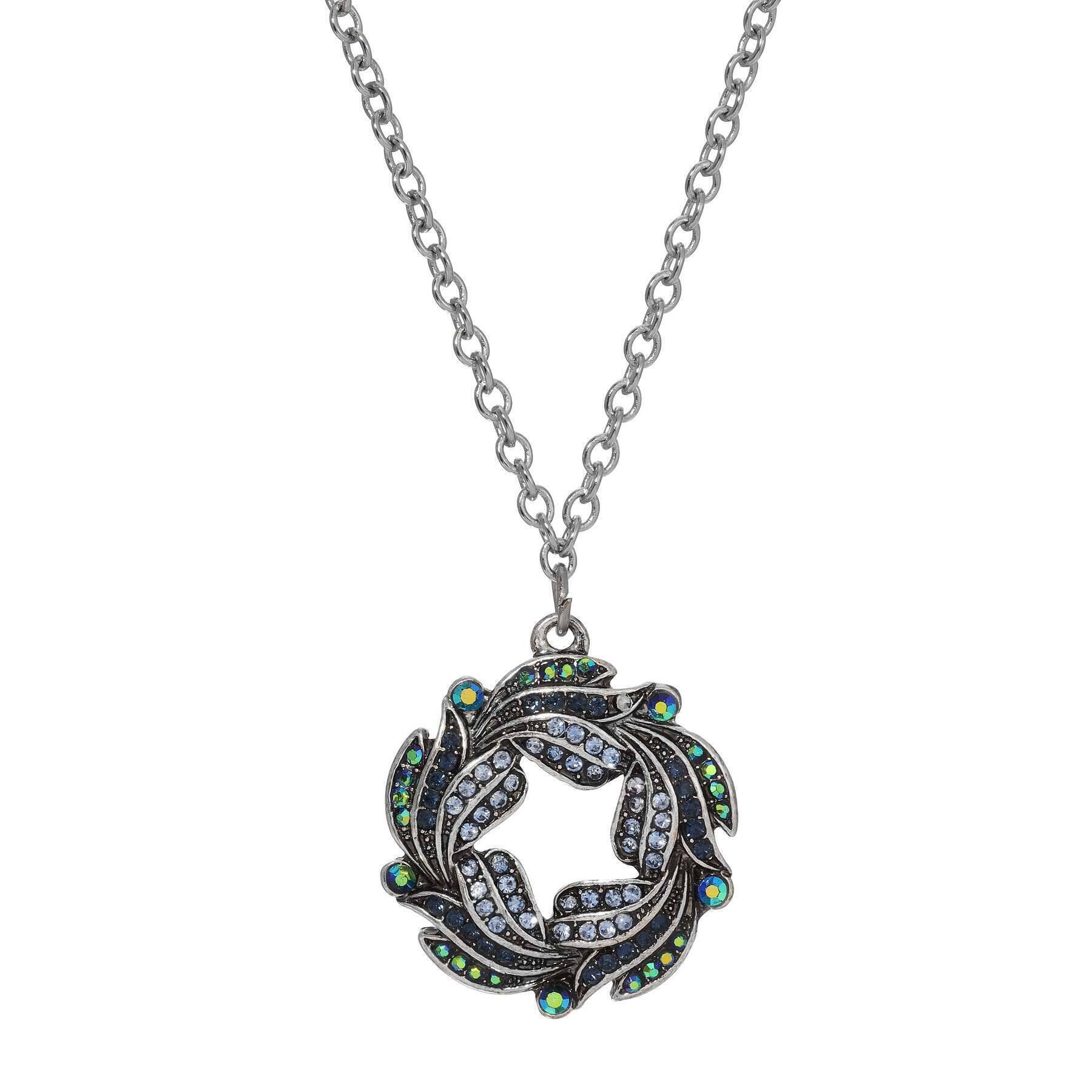 Regency Giovane Iridescent AB Crystal & Blue Stone Wreath Pendant Necklace 16" + 3" Extender