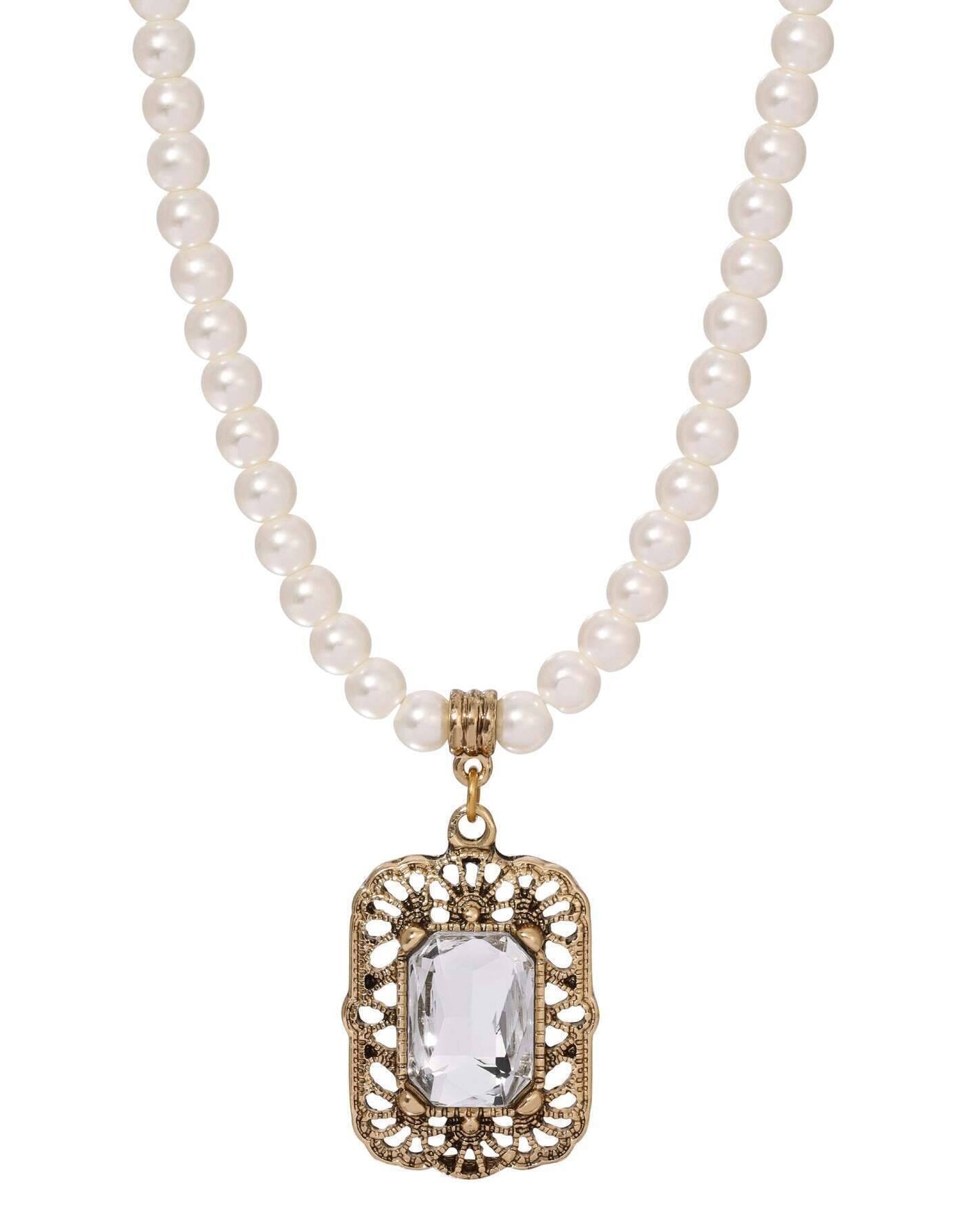 Regency Brontë Filigree Octagon Crystal Pendant 5mm Faux Pearl Strand Necklace 15" + 3" Extender