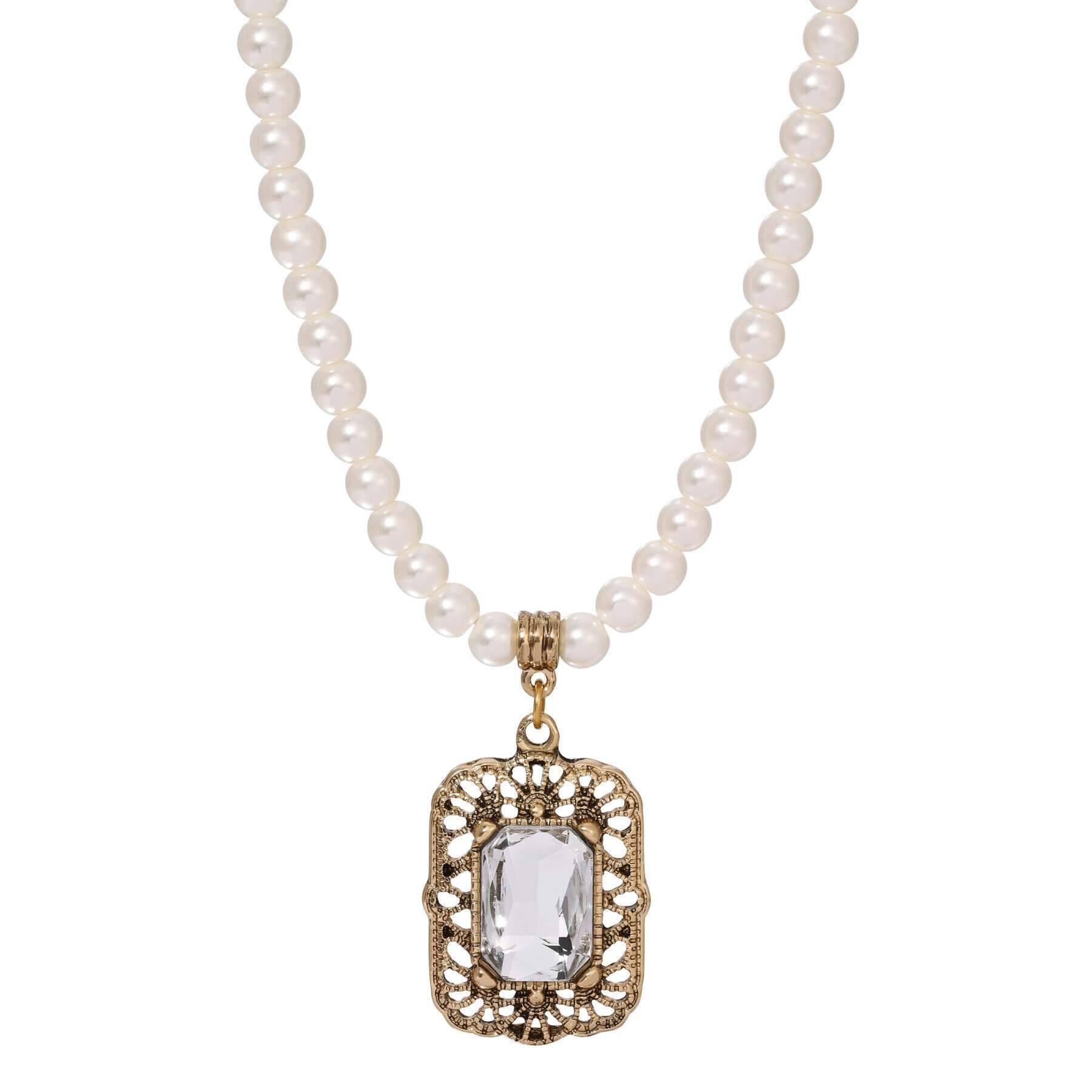 Regency Brontë Filigree Octagon Crystal Pendant 5mm Faux Pearl Strand Necklace 15" + 3" Extender