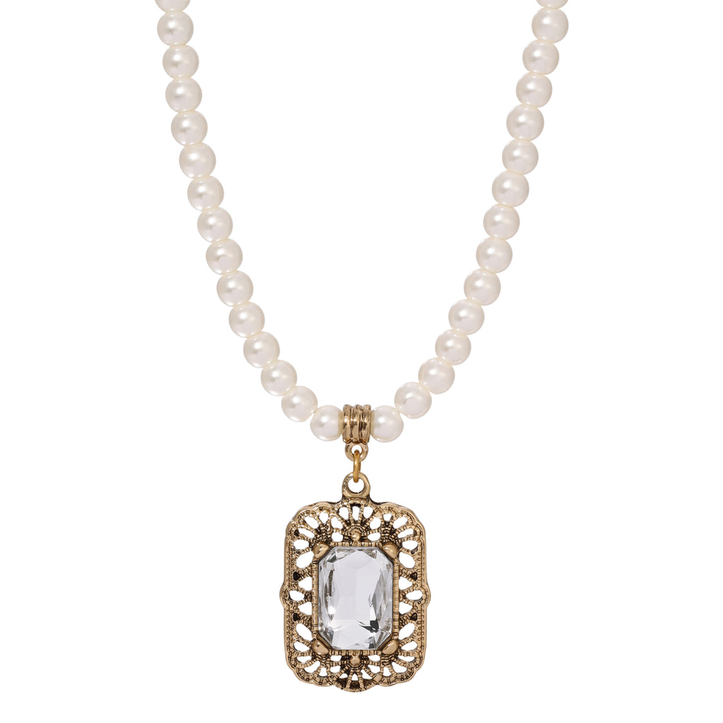 Brontë Filigree Octagon Crystal Pendant Faux Pearl Strand Necklace 15" + 3" Extender