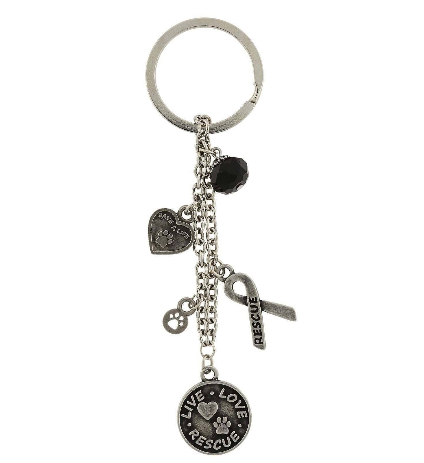 1928 Jewelry Live Love Rescue Ribbon Heart Charms Black Bead Key Ring