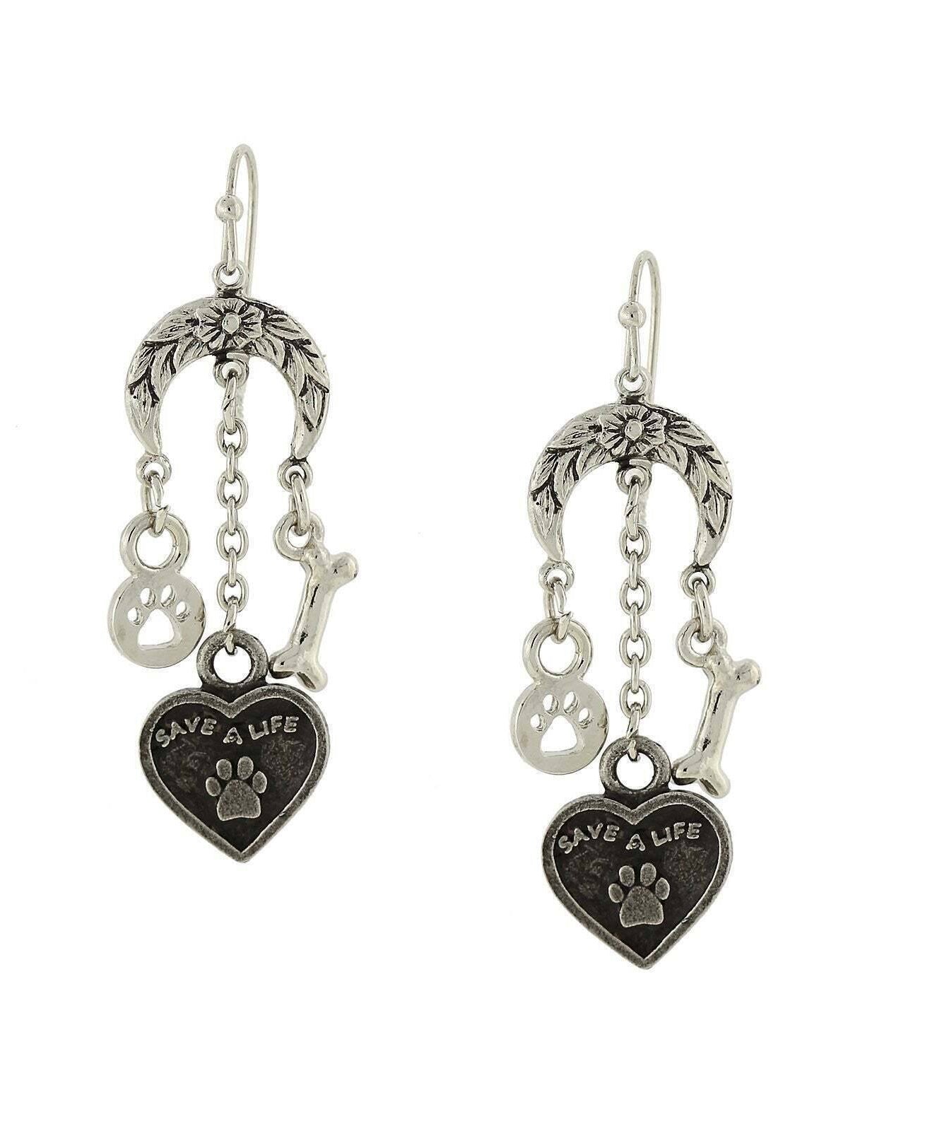 1928 Jewelry Crescent Flower Moon Save A Life Heart Bone Paw Charm Earrings