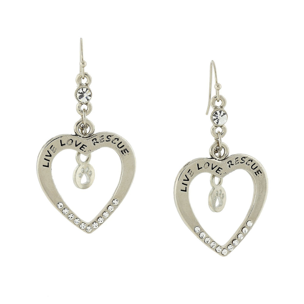 Silver Tone Open Heart Live Love Rescue Earrings