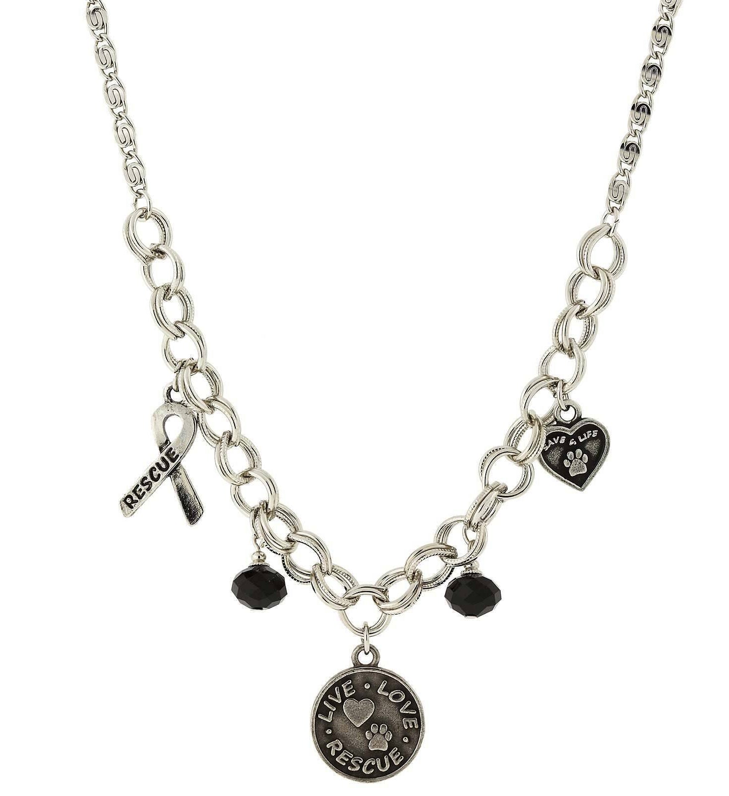 1928 Jewelry Black Bead Live Love Rescue Pendant Necklace 16" + 3" Extender