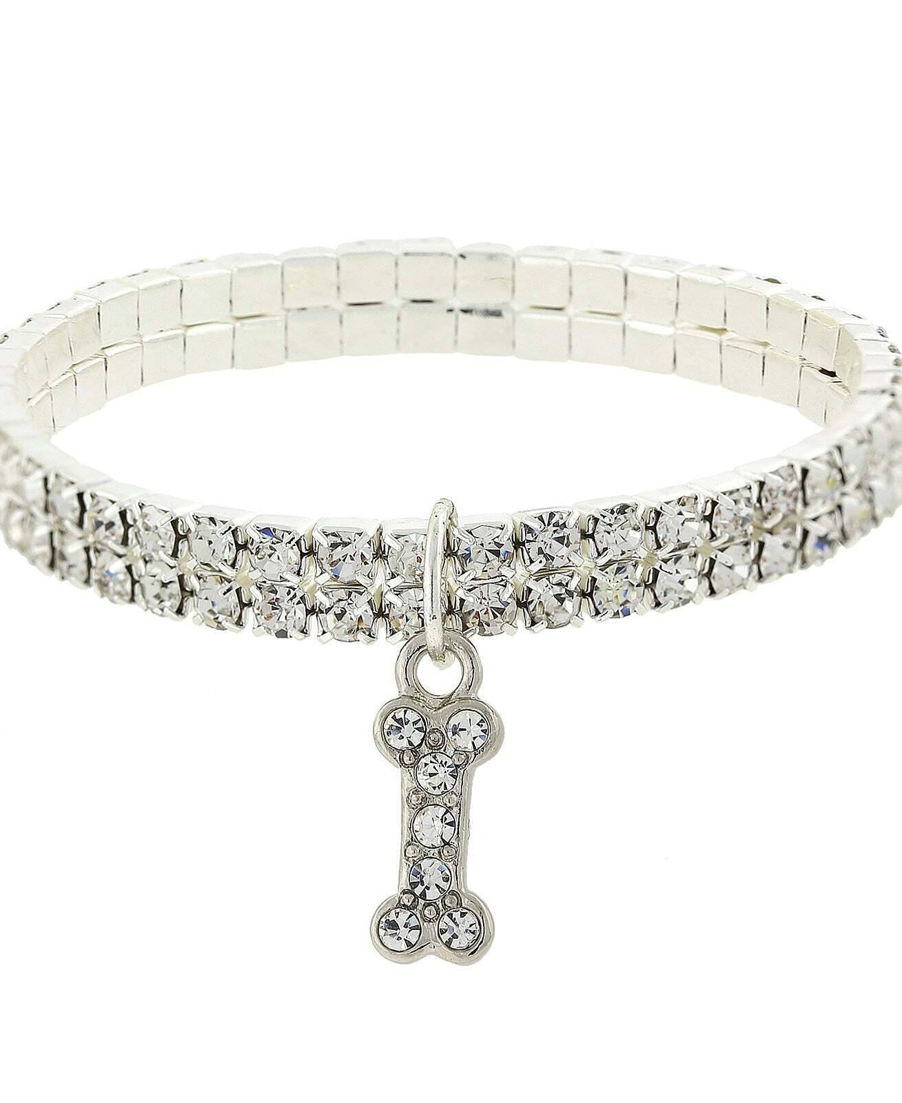 1928 Jewelry Rhinestone Crystal Two Row Stretch With Dog Bone Charm Bracelet