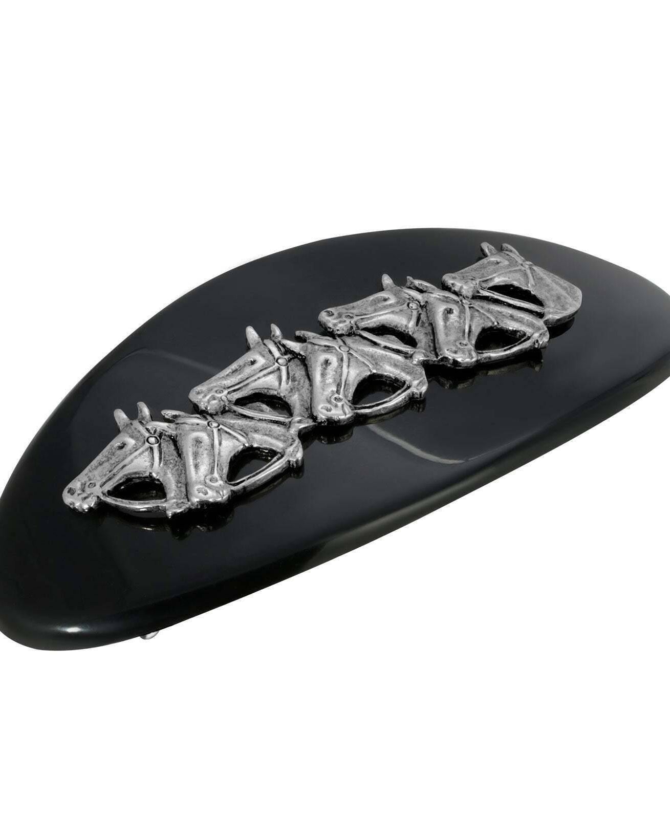 1928 Jewelry Large Black Oval Racing Horses Hair Barrette