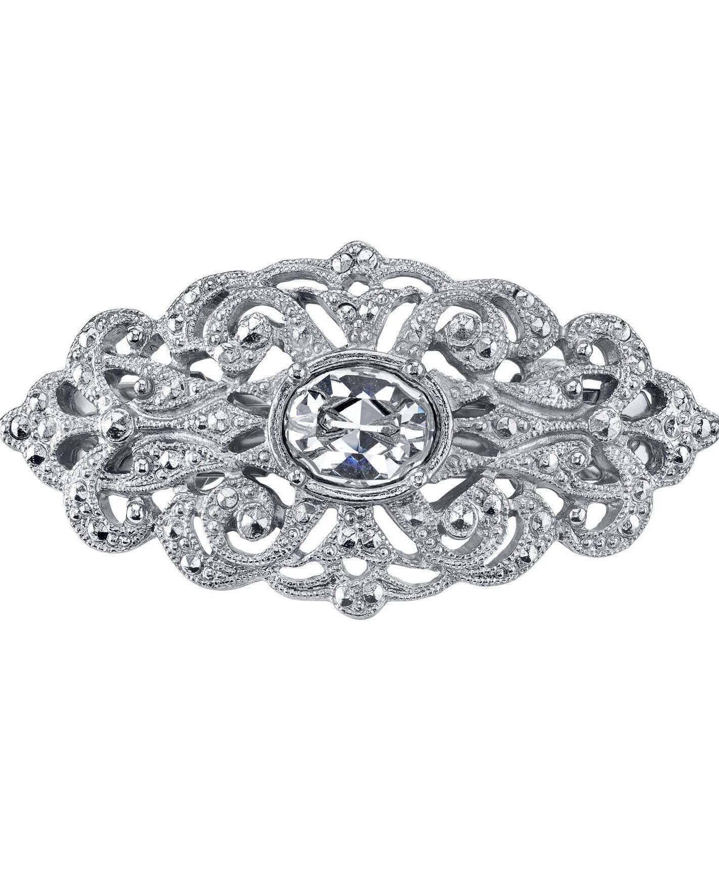 1928 Bridal Filigree Austrian Oval Crystal Hair Clip Barrette