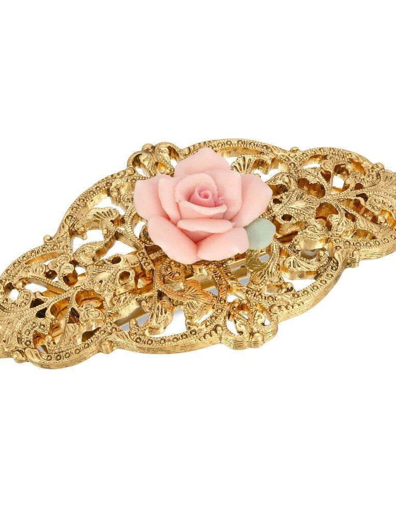 1928 Jewelry Porcelain Rose Filigree Hair Barrette