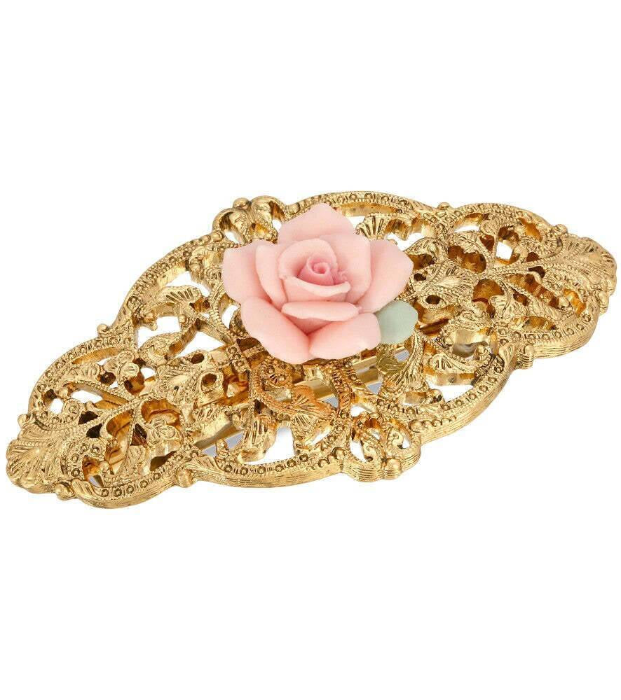1928 Jewelry Porcelain Rose Filigree Hair Barrette