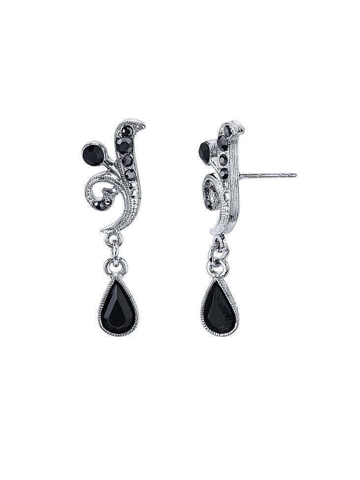 Antiquities Couture Black And Hematite Color Crystal Vine Drop Earrings