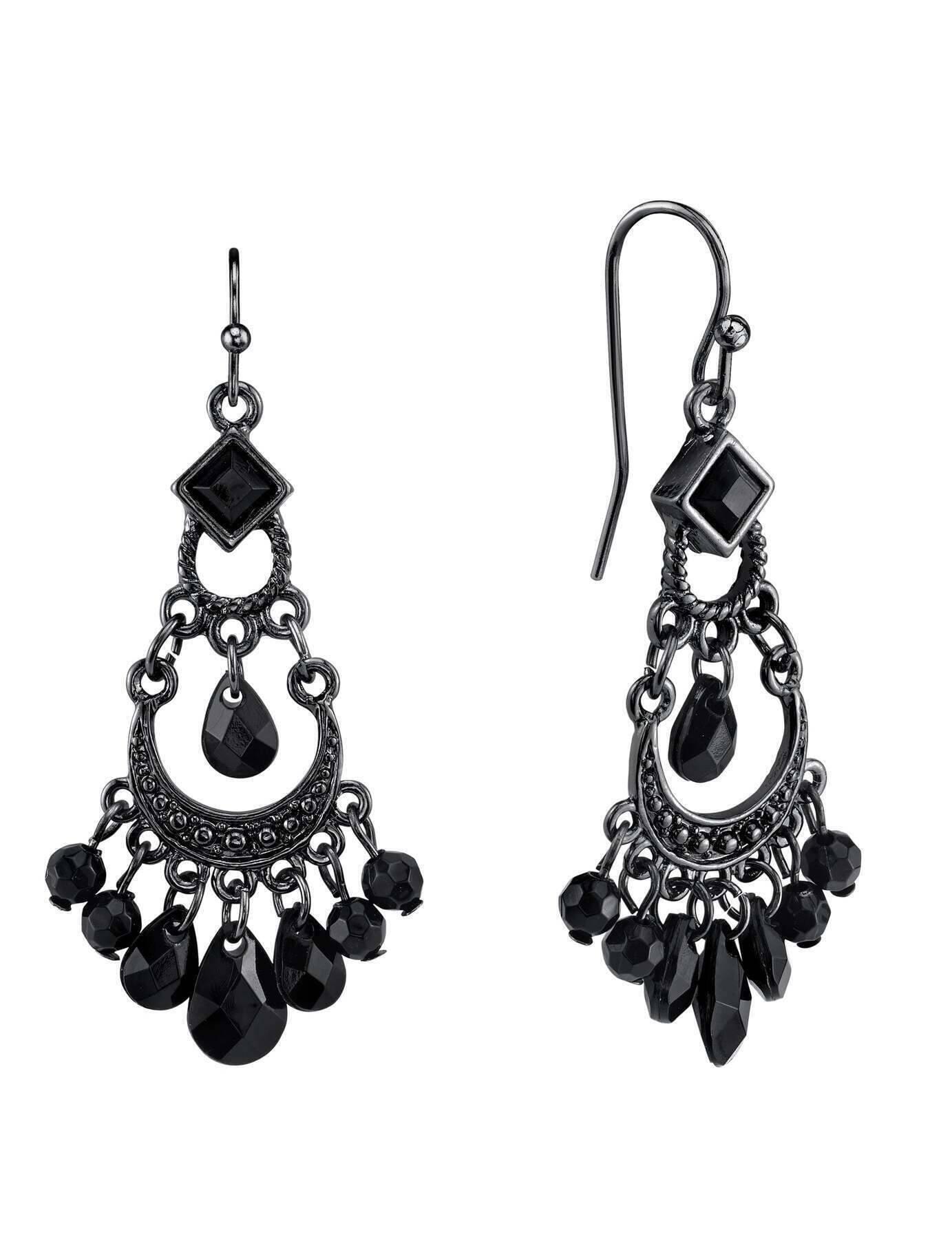 1928 Jewelry Black Crescent Briolette Chandelier Earrings
