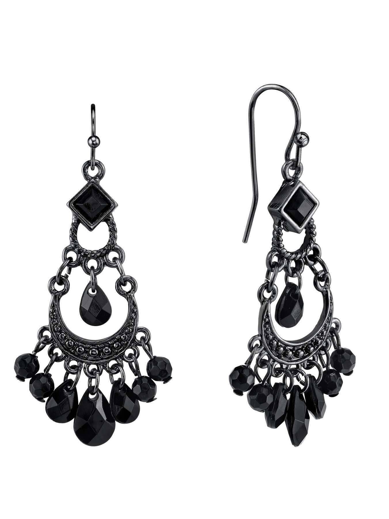 1928 Jewelry Black Crescent Briolette Chandelier Earrings