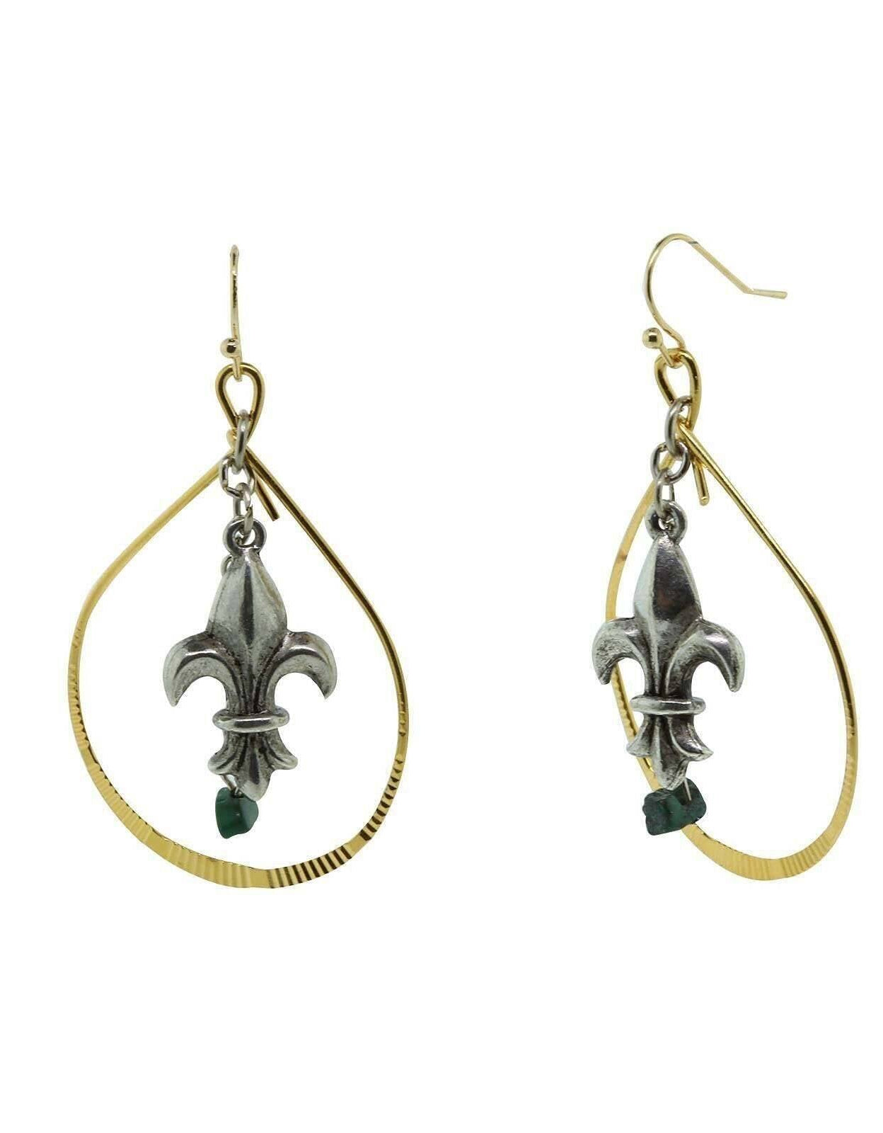 T.R.U. Pewter Genuine Green Malachite Fleur De Lis Earrings