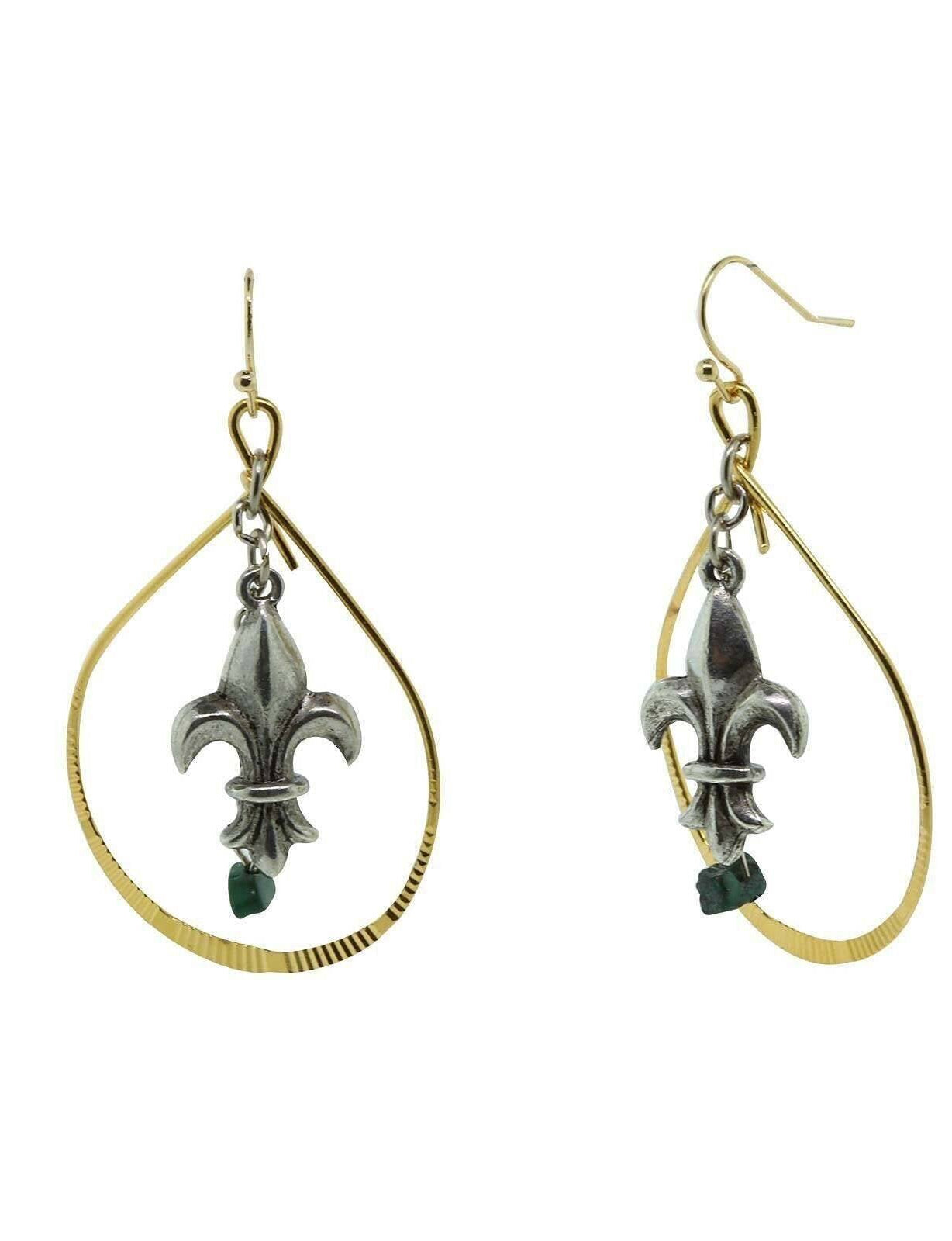 T.R.U. Pewter Genuine Green Malachite Fleur De Lis Earrings