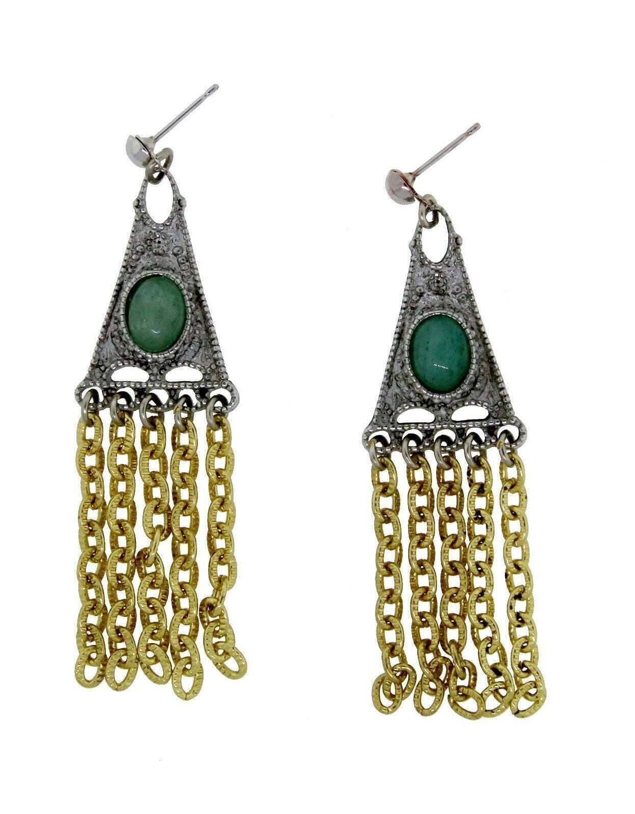T.R.U. Pewter Genuine Aventurine Chain Drop Earrings