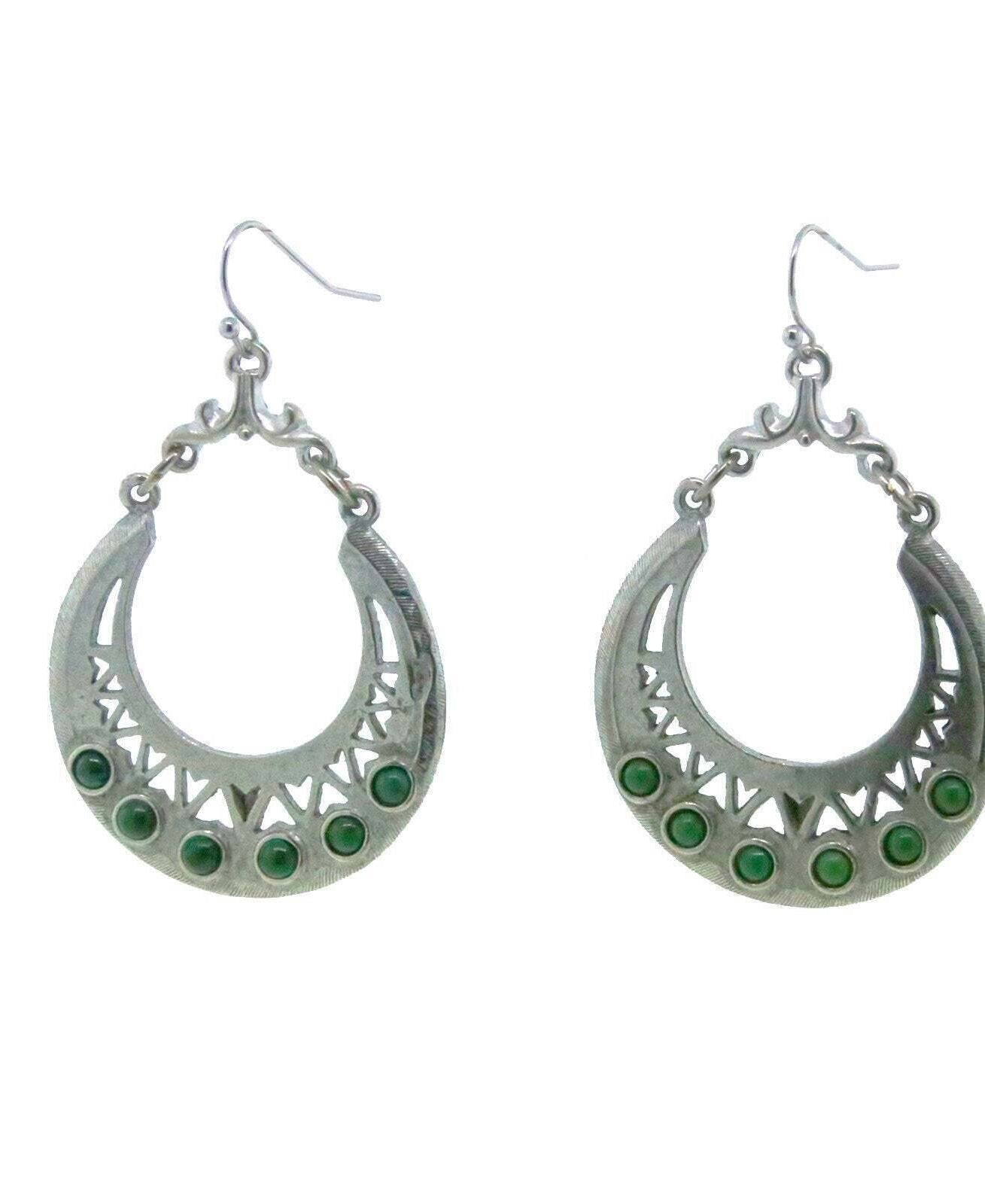 T.R.U. Pewter Genuine Green Malachite Hoop Earrings