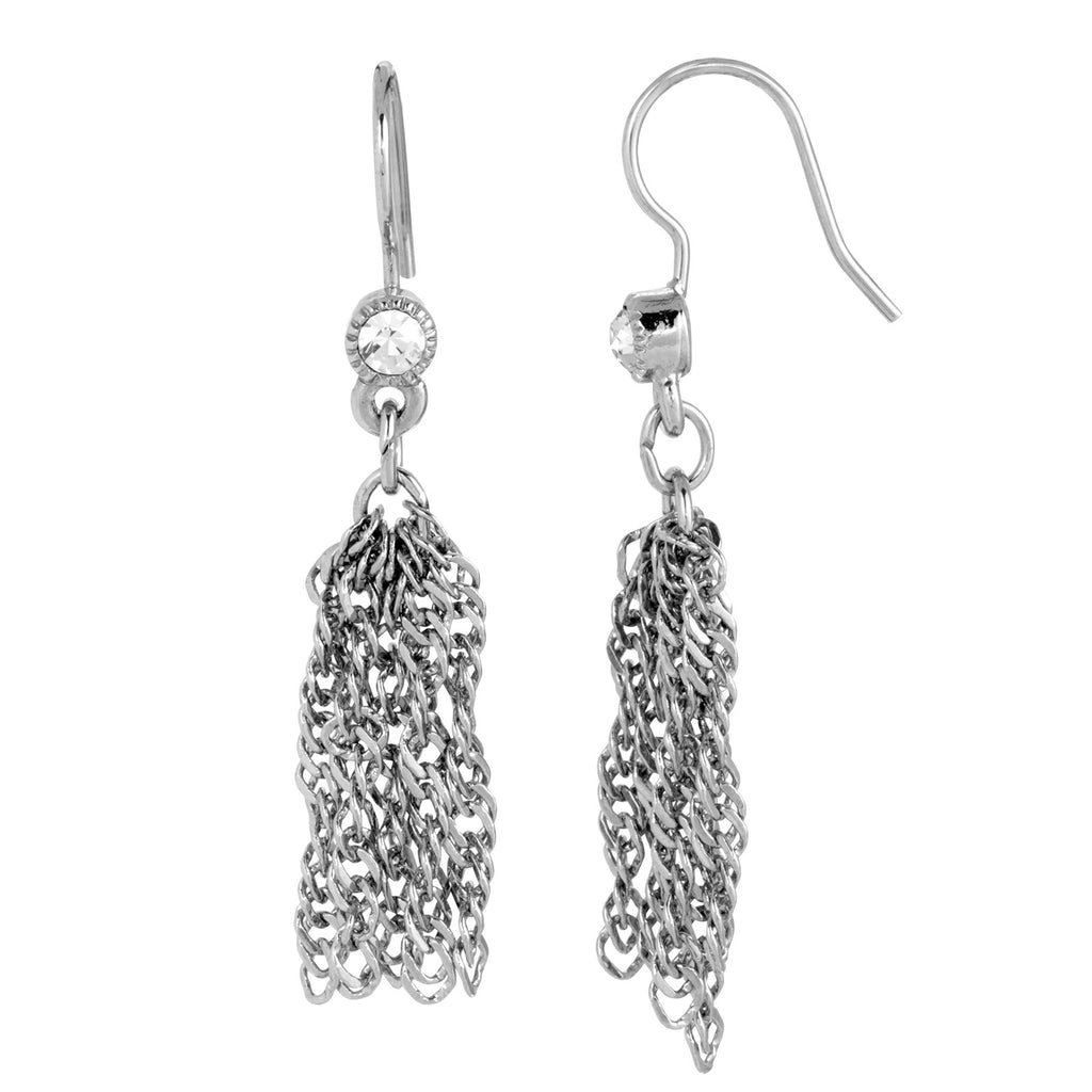 Silver Round Crystal French Wire Tassel Earring