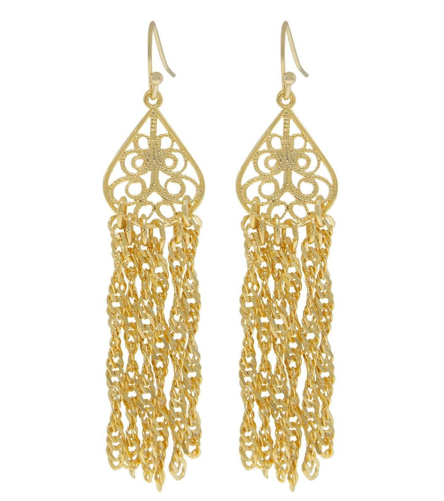 1928 Jewelry Teardrop Filigree Drop Tassel Earrings