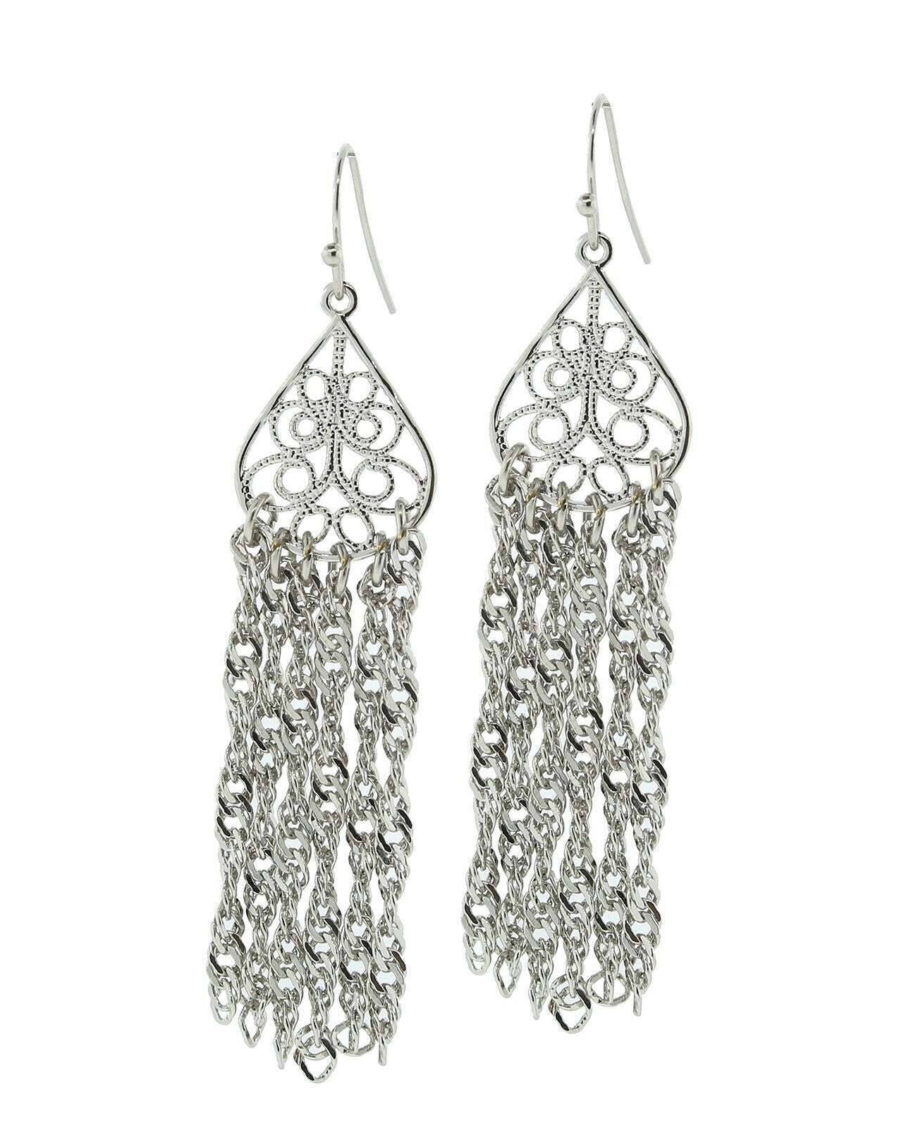 1928 Jewelry Silver Filigree Teardrop Tassel Earrings