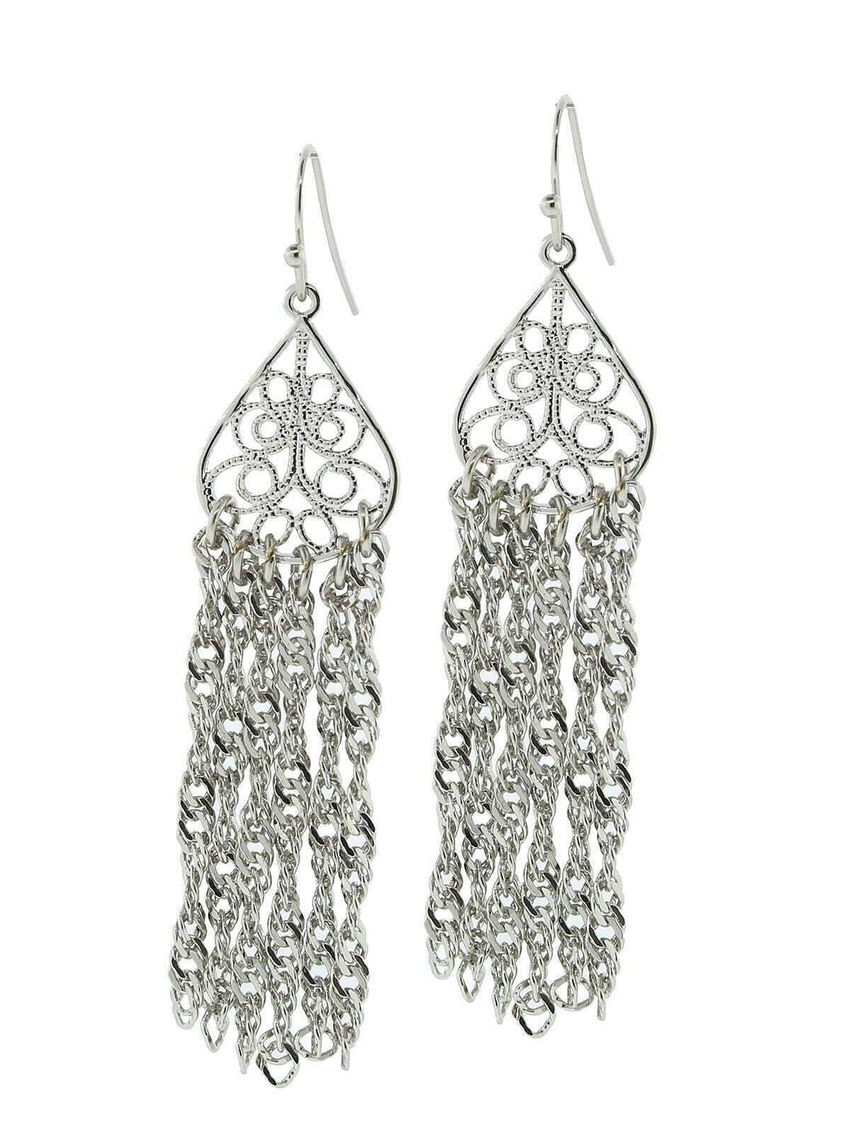 1928 Jewelry Silver Filigree Teardrop Tassel Earrings