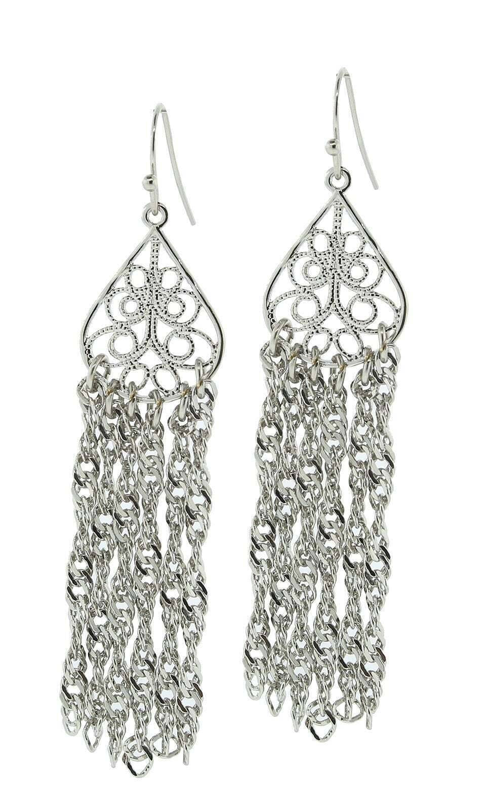 1928 Jewelry Silver Filigree Teardrop Tassel Earrings