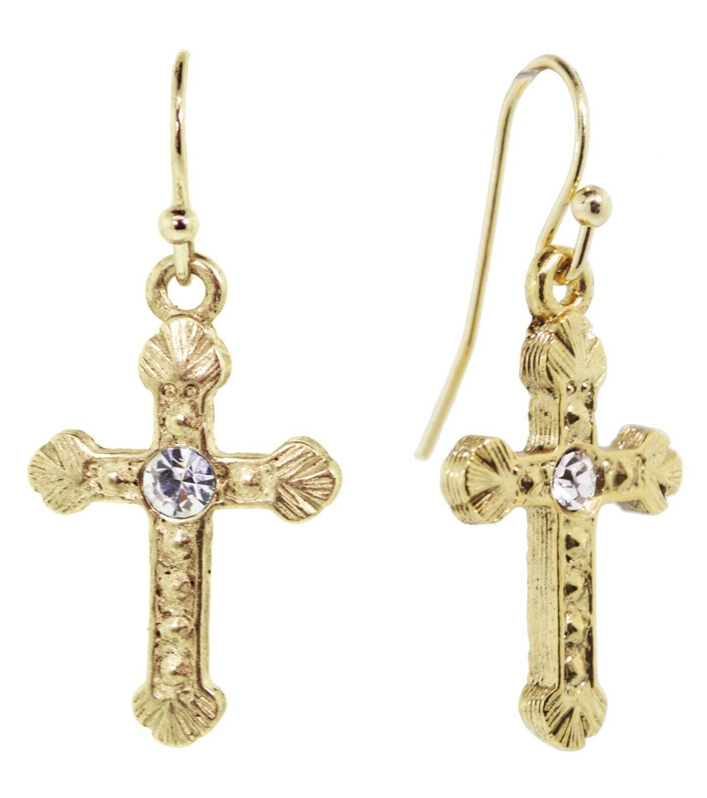 1928 Jewelry Crystal Accent Ornate Gold Tone Cross Drop Earrings