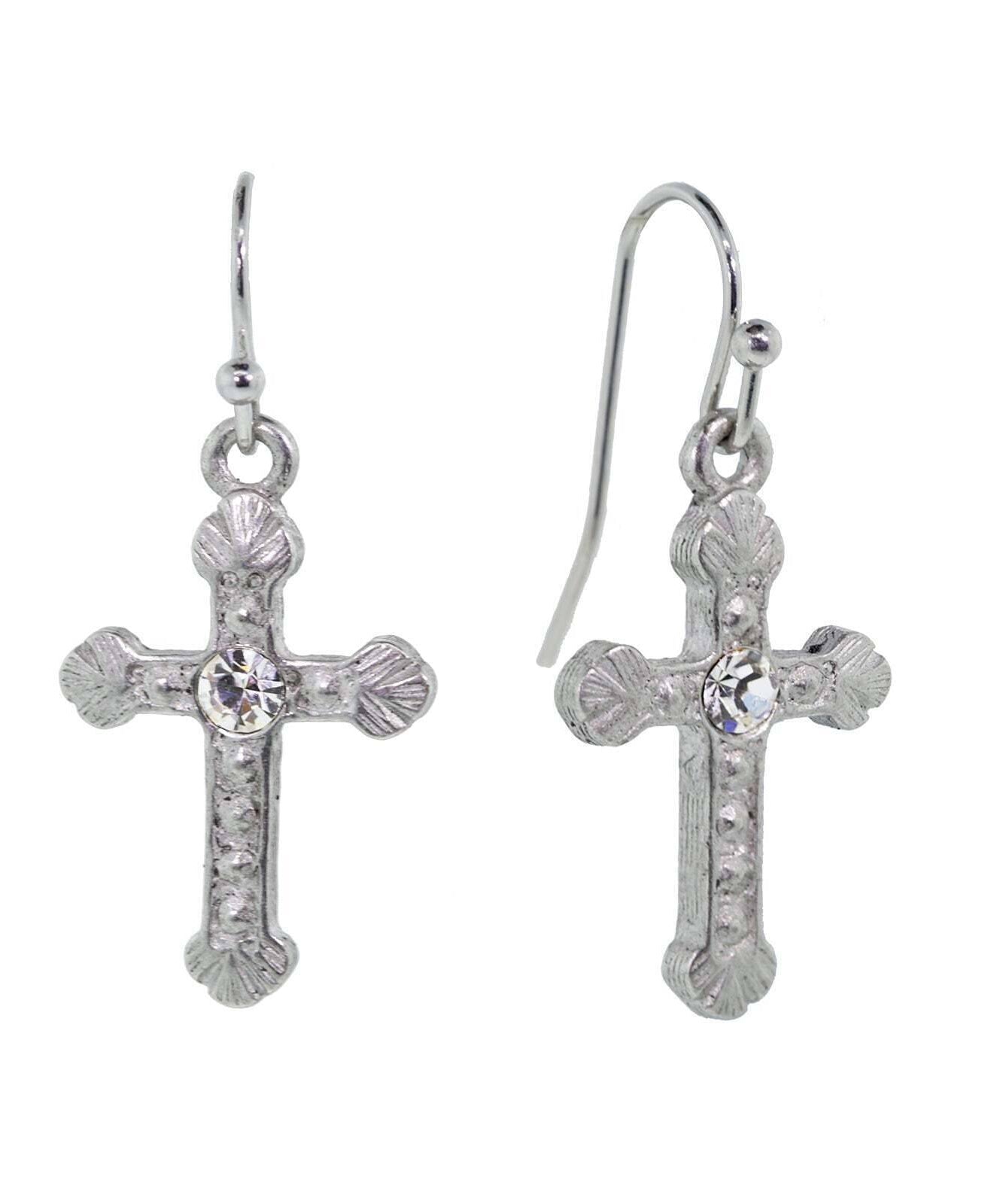 1928 Jewelry Crystal Accent Ornate Silver Tone Cross Drop Earrings
